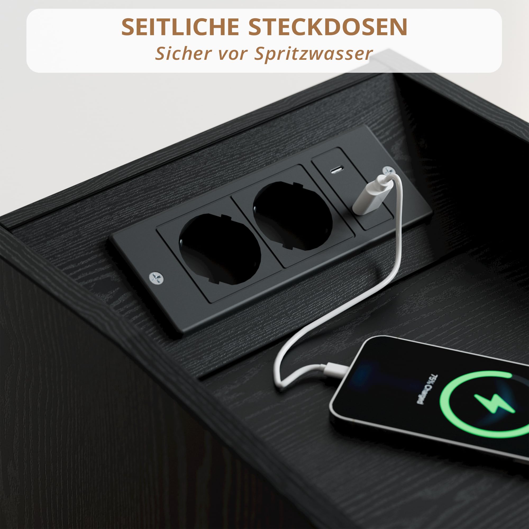 IRONCK Nachttisch Schmal, Beistelltisch mit Ladestation und LED, Bedside Table mit Offenem Fach, für Schmale Räume Schlafzimmer, Wohnzimmer, Schwarz