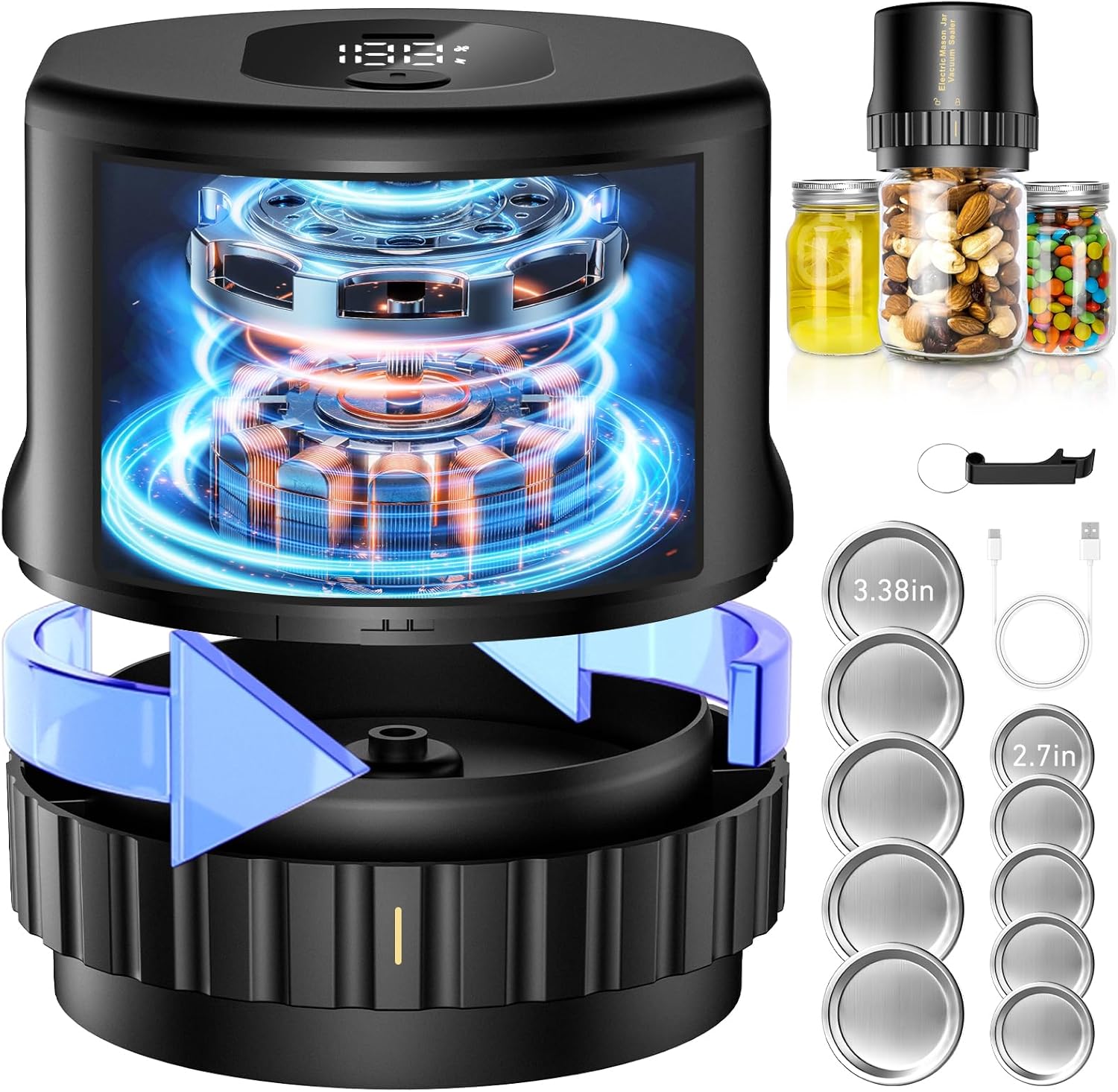 Electric Mason Jar Vacuum Sealer：jar vacuum sealer for mason jars One click start stop，Used for food storage vacuum sealer for jar，mason jar vacuum sealer kit suitable for wide mouth and regular mouth