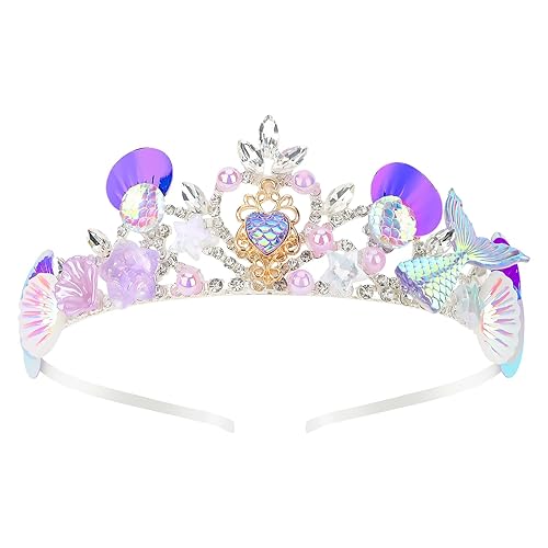 CIEHER Corona de sirena para niñas, diadema de sirena morada, corona de conchas para niñas, decoración de fiesta de sirena, decoraciones de