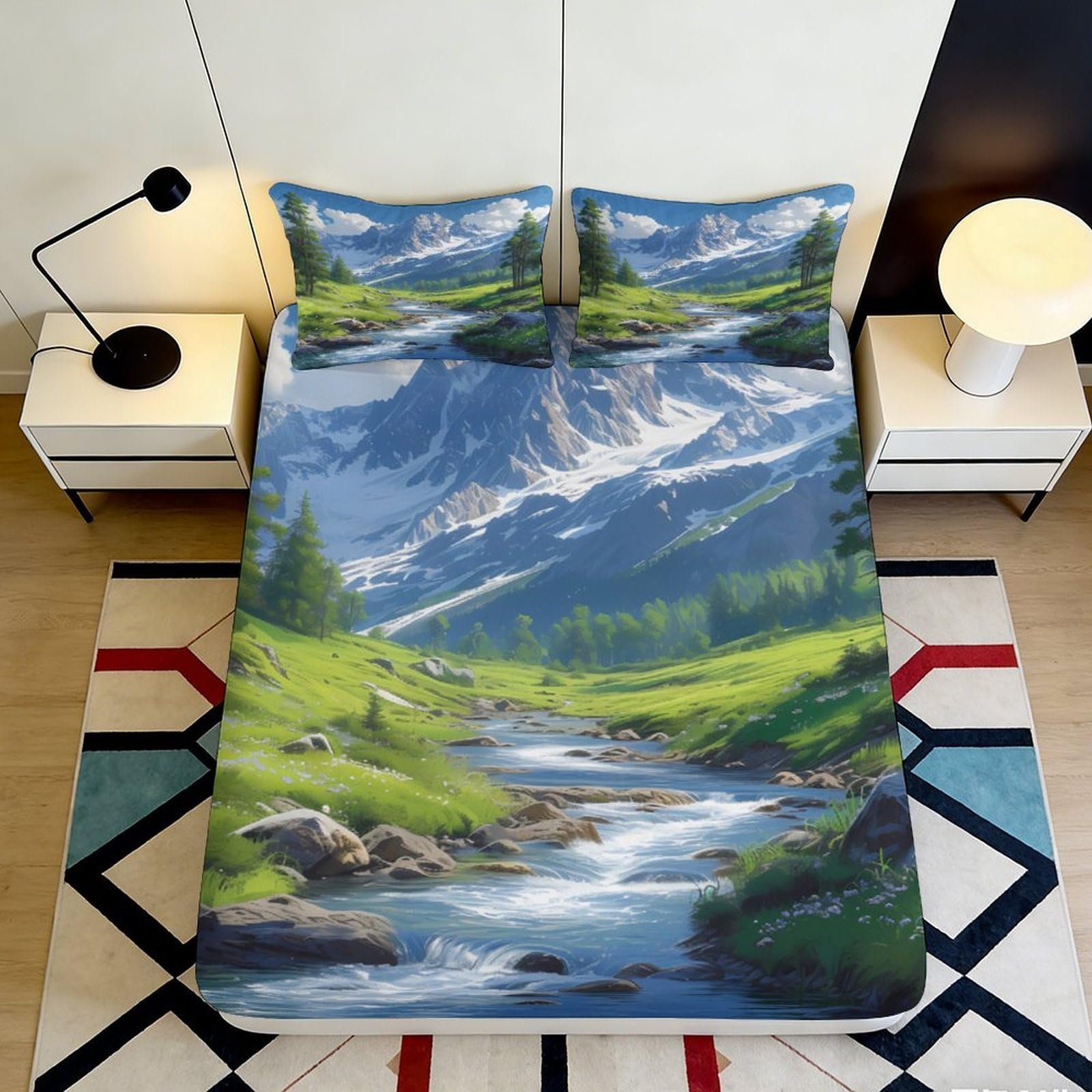 3D Printed Mountain Landscape Fitted Sheet Microfiber Scenic River Bed Cover for Bedroom Guest Room Decor 140x200x25cm