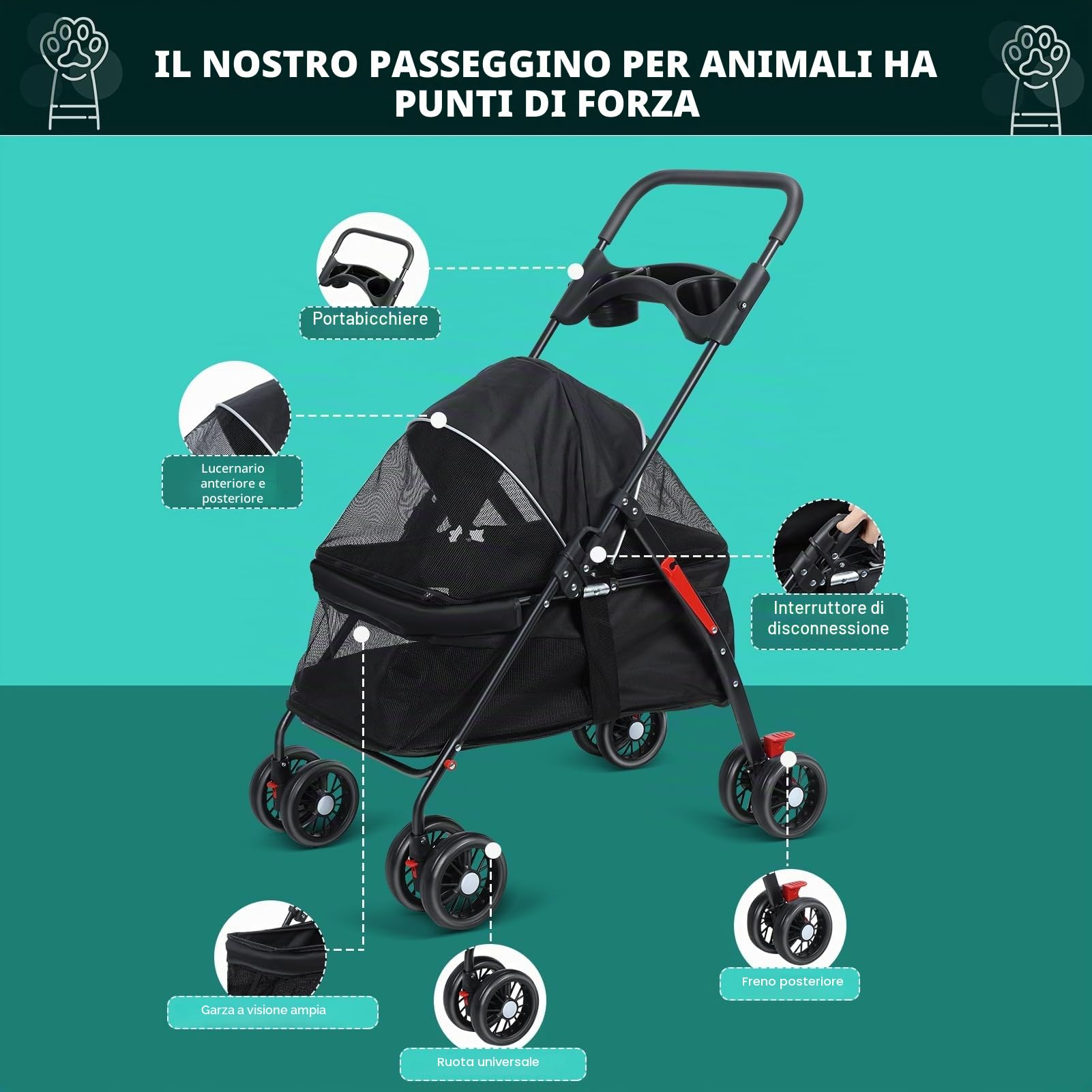 tinysiry Passeggino pieghevole a 4 ruote per cani e gatti, da viaggio, per animali domestici, con portabicchieri e rete traspirante visibile, passeggini pieghevoli per animali domestici, trasportini