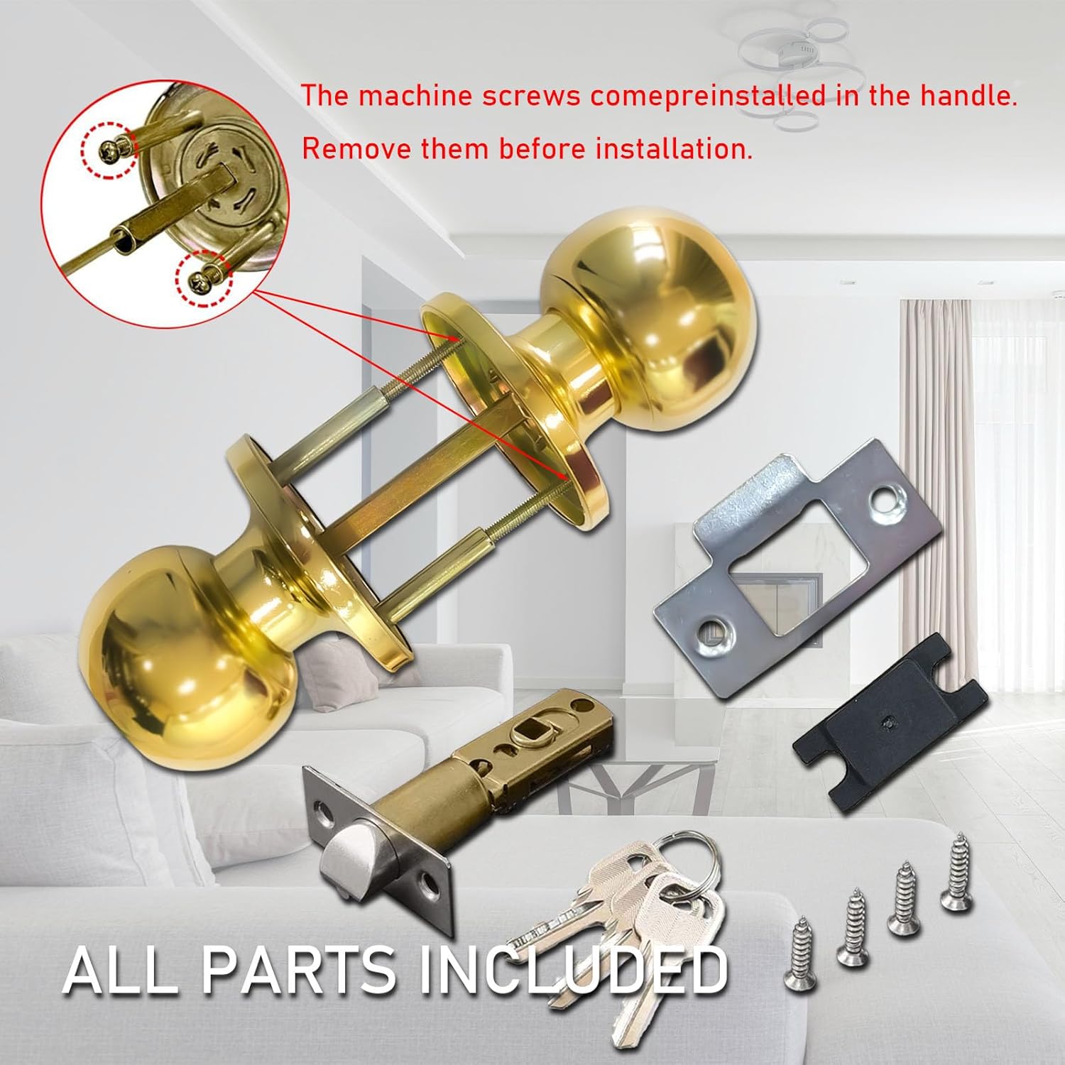 Gold Door Knobs with Lock and Keys, Interior and Exterior Door Lock, Standard Ball Door Locks for Bedrooms/Bathroom