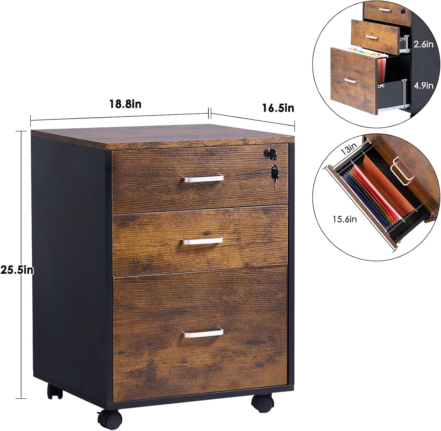 SDHYL Abschließbarer Aktenschrank mit 3 Schubladen Mobile Kommode Büroschrank auf Rollen Industriestil Braun/Schwarz