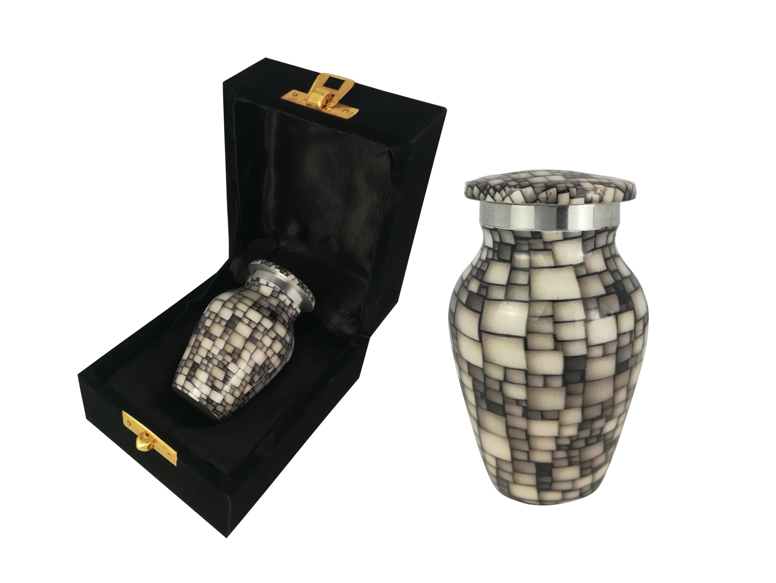 Keepsake Urns for Human Ashes and Pet Ashes Small Mini Cremation Metal Memorial Container Token with Presentation Case and Bag (Grey Square Cracked) — image 1