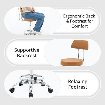 FIRAVOE Ergonomic Rolling Office Stool Chair with Backrest, Swivel Armless Desk Chair with Adjustable Footrest, Sturdy Drafting Stool 49.5–67.6 cm Height, Comfortable and Durable