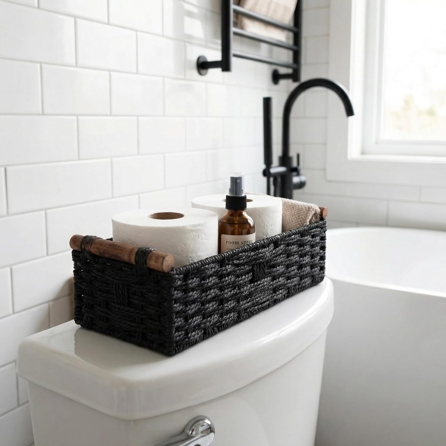 Back of Toilet Basket, Black Toilet Tank Basket for Toilet Paper Storage (Holds 2 Rolls), Paper Rope Wicker Storage Bin with Wooden Handles for Toilet Top, Over Toilet Shelf, Bathroom Counter - Image 3
