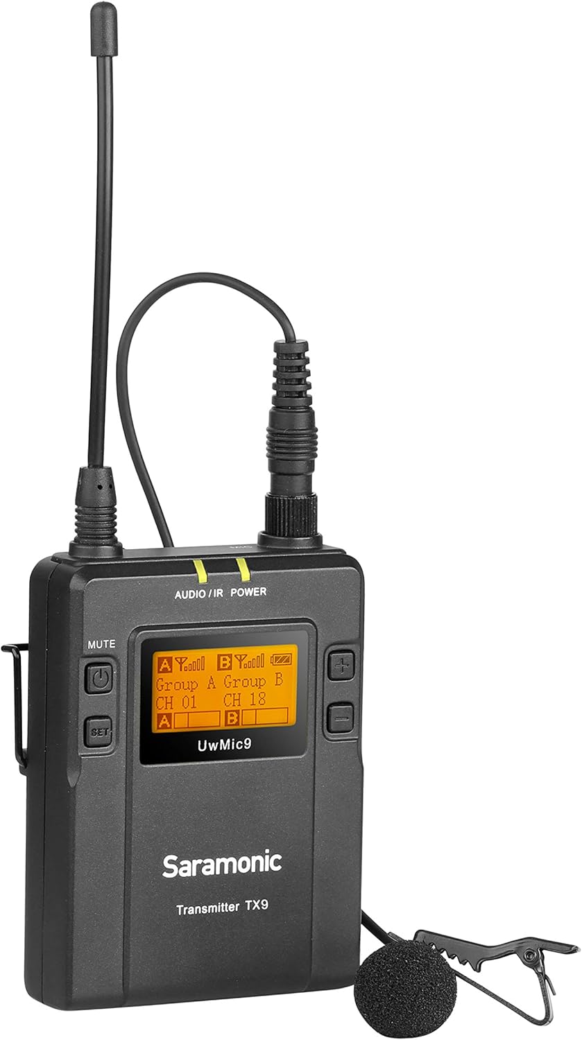 Close-up of a Saramonic TX9 bodypack transmitter with a lavalier microphone connected.
