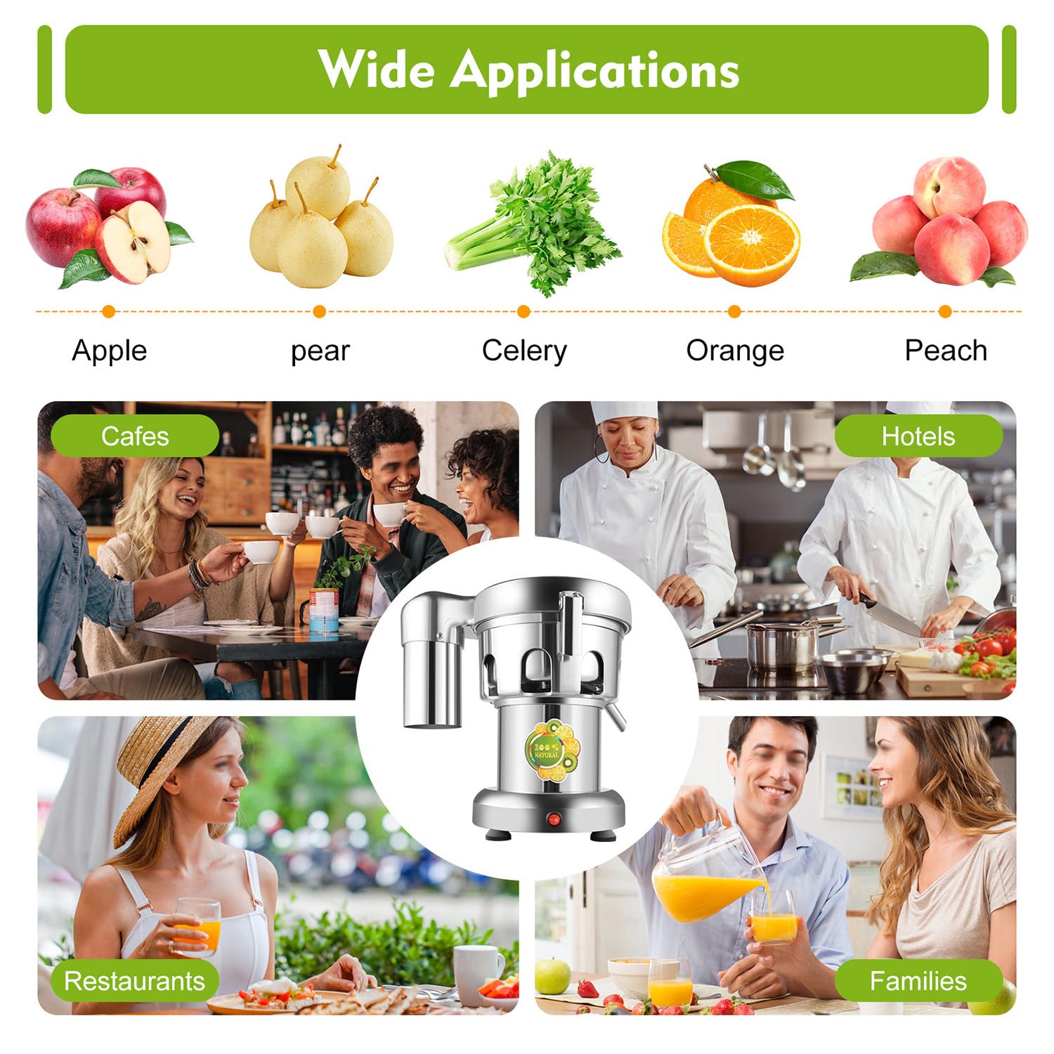 Estrattore di Succo Commerciale, spremiagrumi centrifugo Elettrico da 370 W e 4300 Giri/min, Macchina per succhi di Frutta e Verdura Intera in Acciaio Inossidabile per ristoranti, Bar