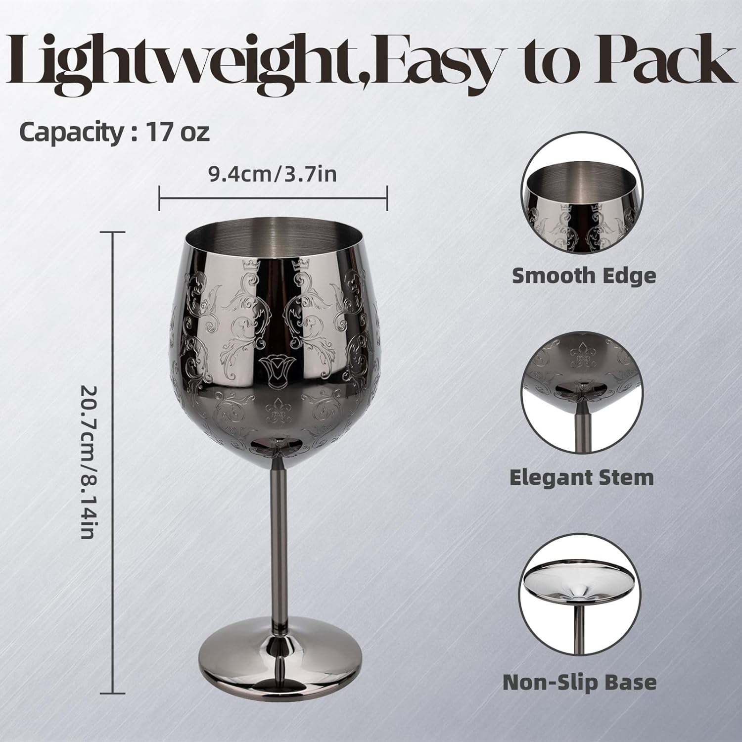 MeowvCraft Wine Glasses Stainless Steel Set of 4, 17oz Black Etched Goblets with Intricate Baroque Engravings, Royal Style Lightweight Shatterproof Wine Cups Gift for Home, Restaurant, Bar, Outdoor