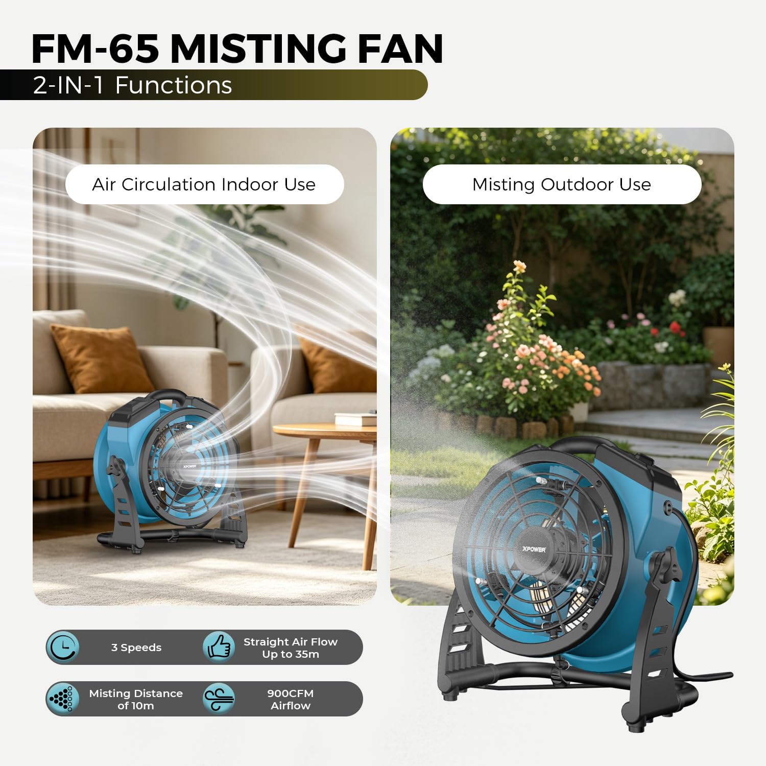 XPower Misting Fan Outdoor Cooling Oscillating Heavy Duty Powerful High Velocity Ideal for Camping, Patios Picnics & More (FM-65)
