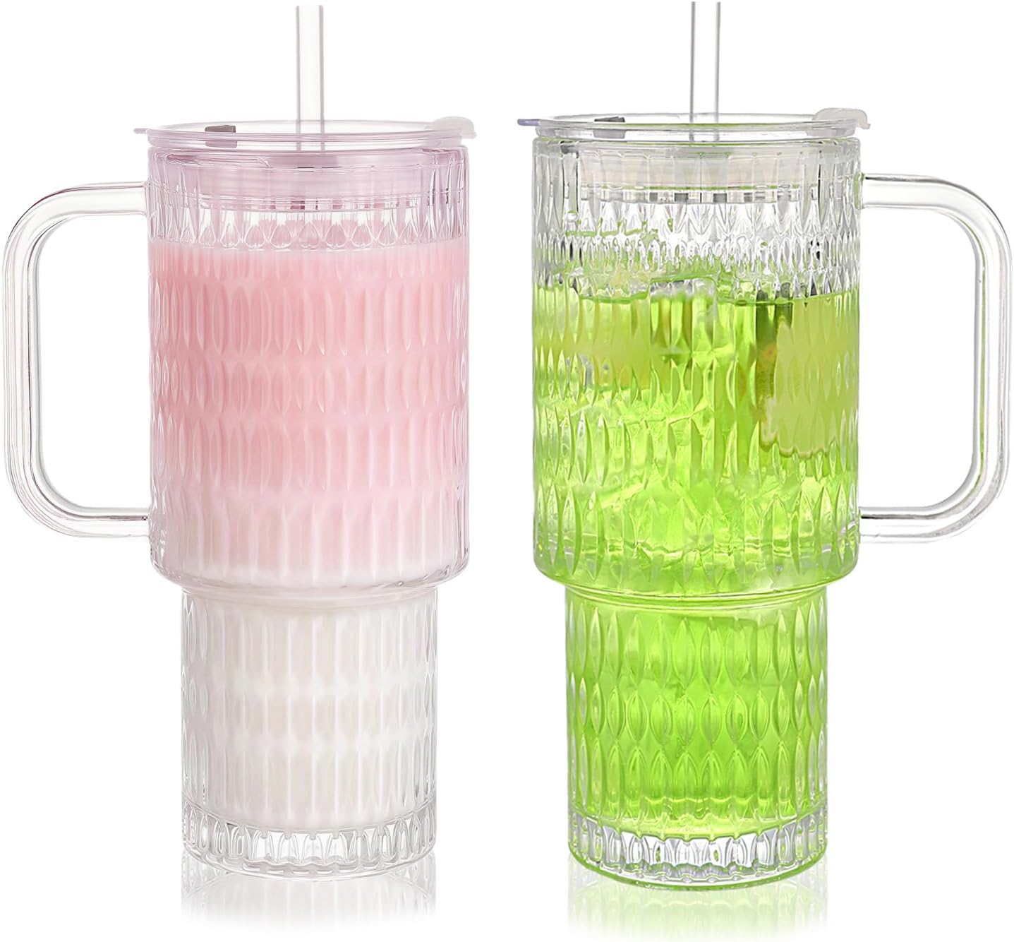 Glass Tumbler with Handle, Lid and Straw, 26oz Heavy Thickened Iced coffee drinking glasses, Large capacity, Unbreakable, Ideal for Office, Travel, Every Day use, Gift (2pcs Clear Raindrop)