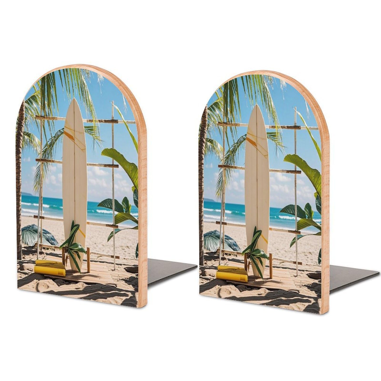 Surfboard on Wooden Bookend for Shelves Unique Book End Sturdy Books Holder Heavy Duty Wooden Bookends Support Non-Slip Book Organizers Decorative Modern Bookend Holder for Home