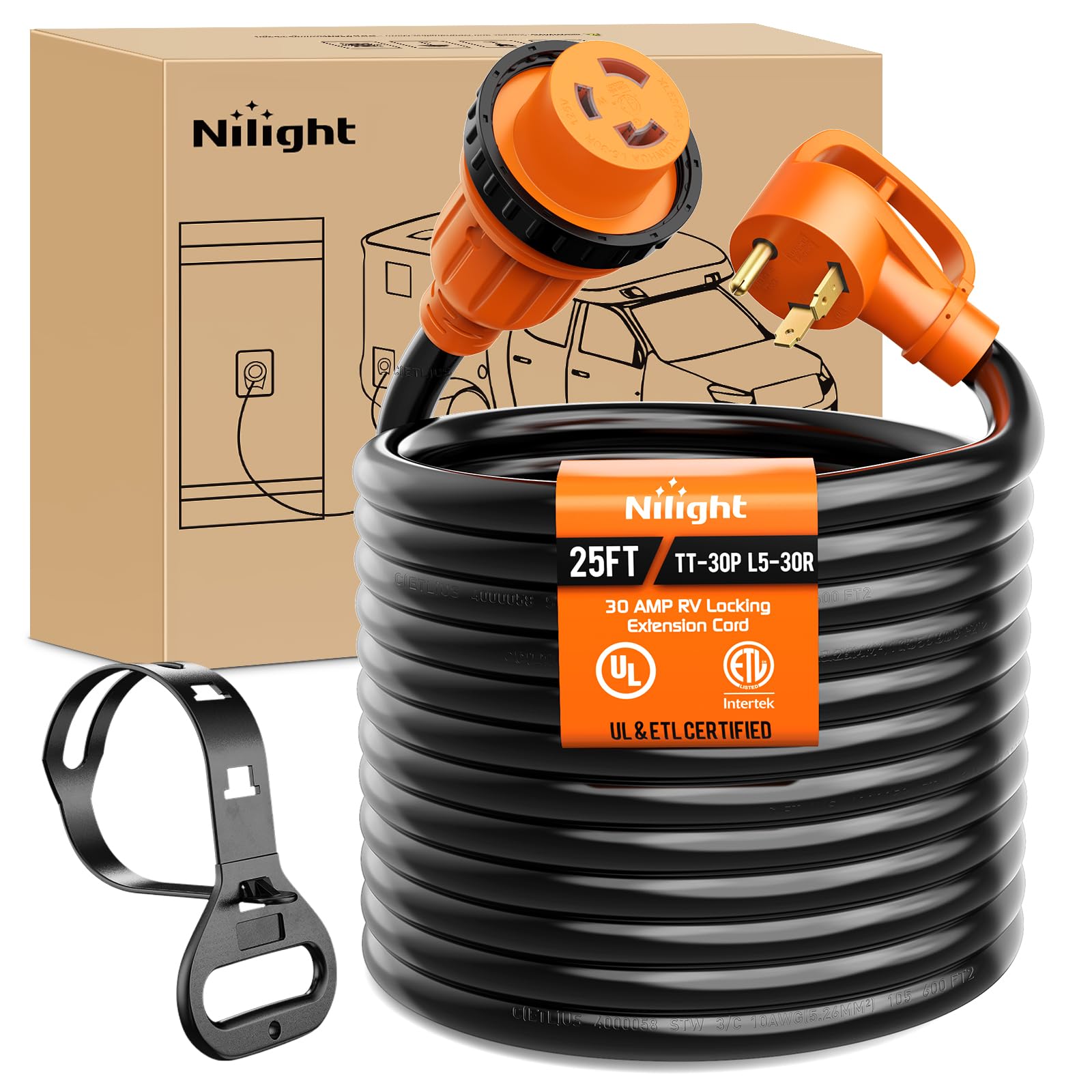 Nilight 30 Amp 25FT RV Locking Extension Cord 125V ETL Listed 10 Gauge