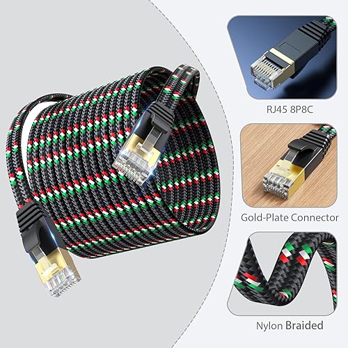 Miniatura 5 de SNANSHI Cable Ethernet Cat 7 de 25 pies, diseño trenzado de nailon plano, fácil instalación y durabilidad, 10 Gbps, cable de Internet blindado con