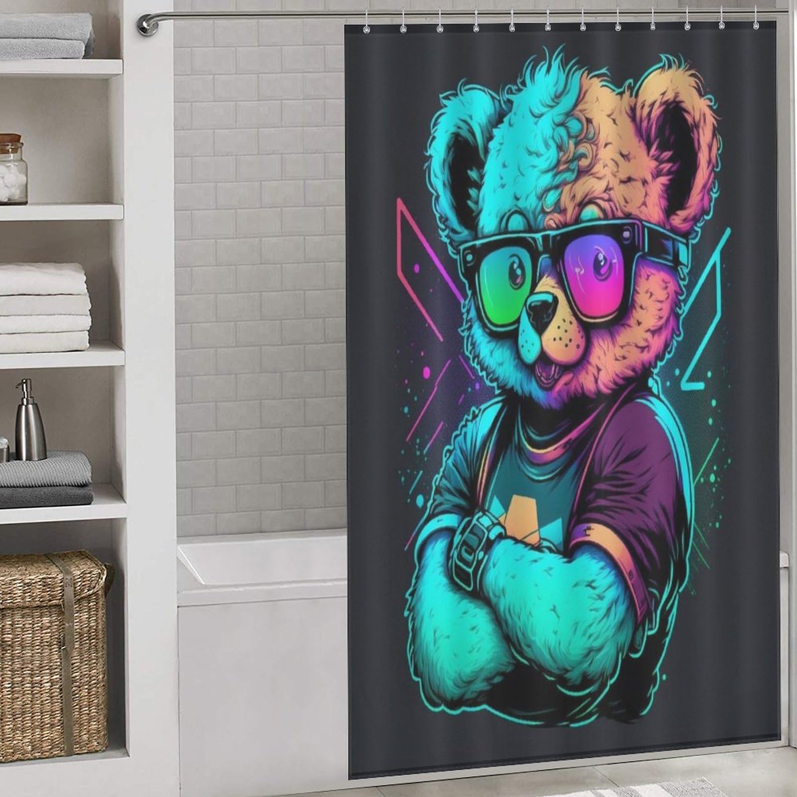 Rideau de douche ours à lunettes imperméable en polyester lavable pour baignoire 140x183cm