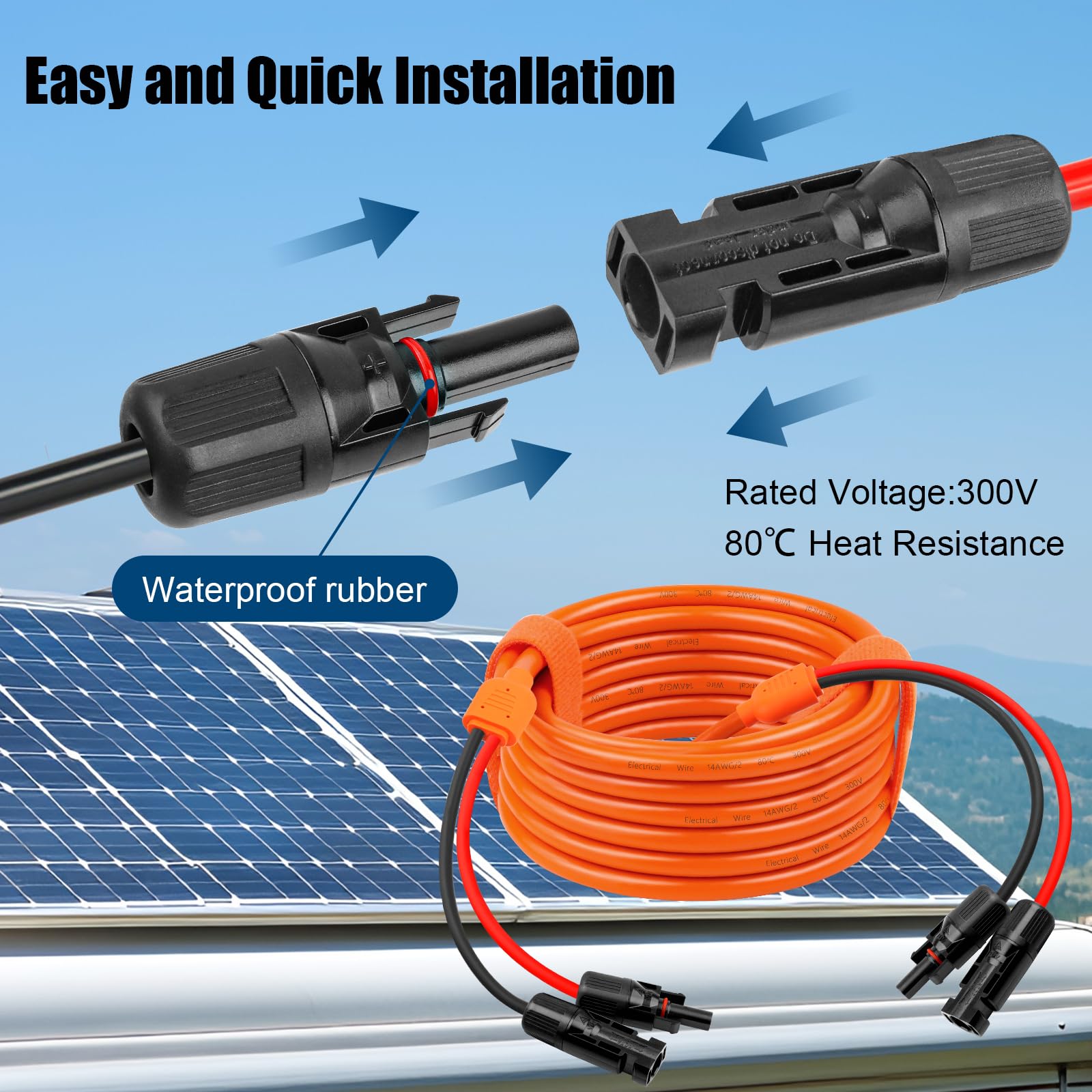 Kabel przedłużający solarny 14 Gauge 30 FT, 10 AWG, kabel panelu słonecznego ze złączami żeńskimi i męskimi, 14AWG, czerwone i czarne główne przewody solarne, wytrzymały kabel zasilający do kampera