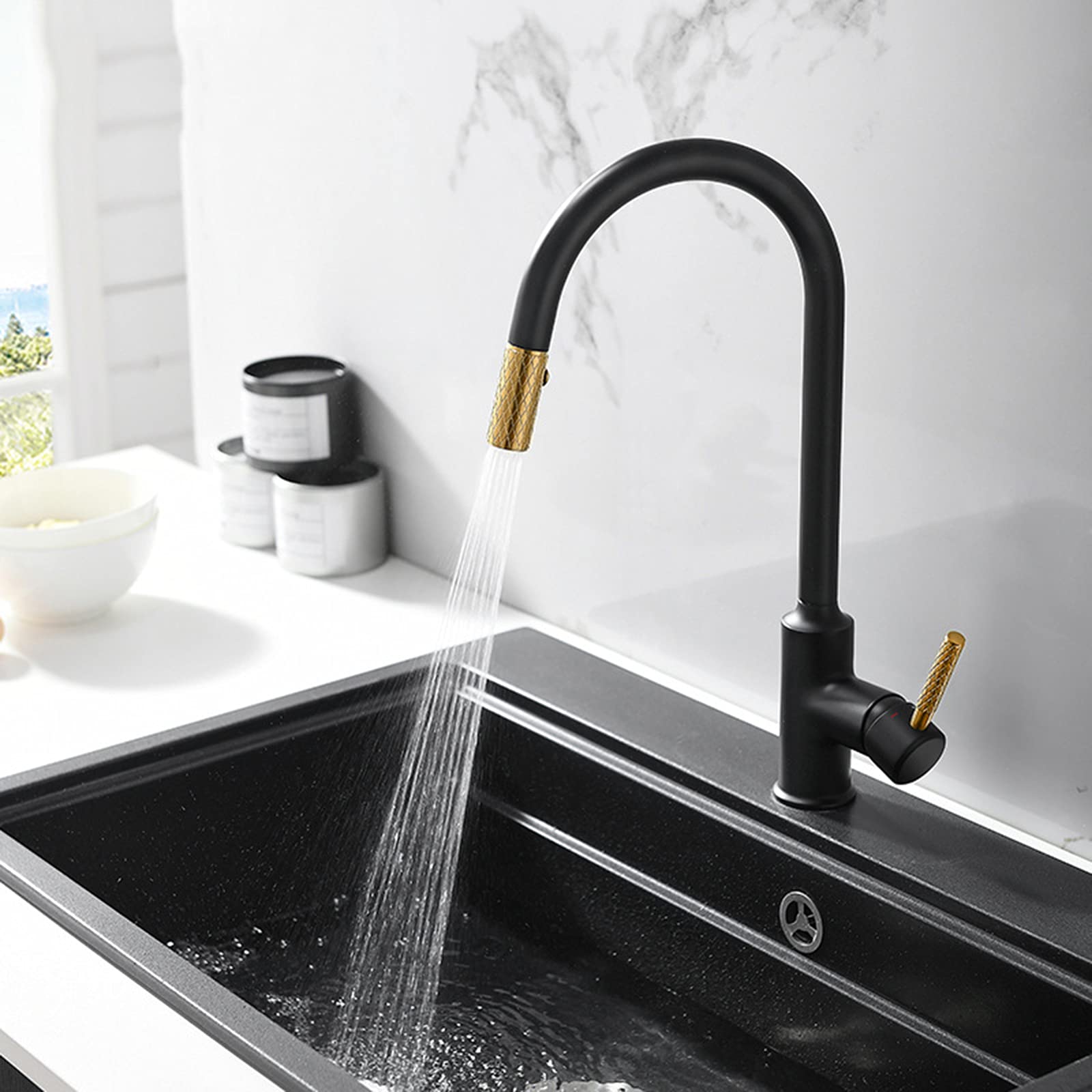 CMBSSTFC Grifo para grifos de baño de Cocina, Grifo de Fregadero abatible Monomando de latón Macizo con rociador de 2 Modos, Mezclador Giratorio de Arco Alto para Agua fría y Caliente, Oro Negro