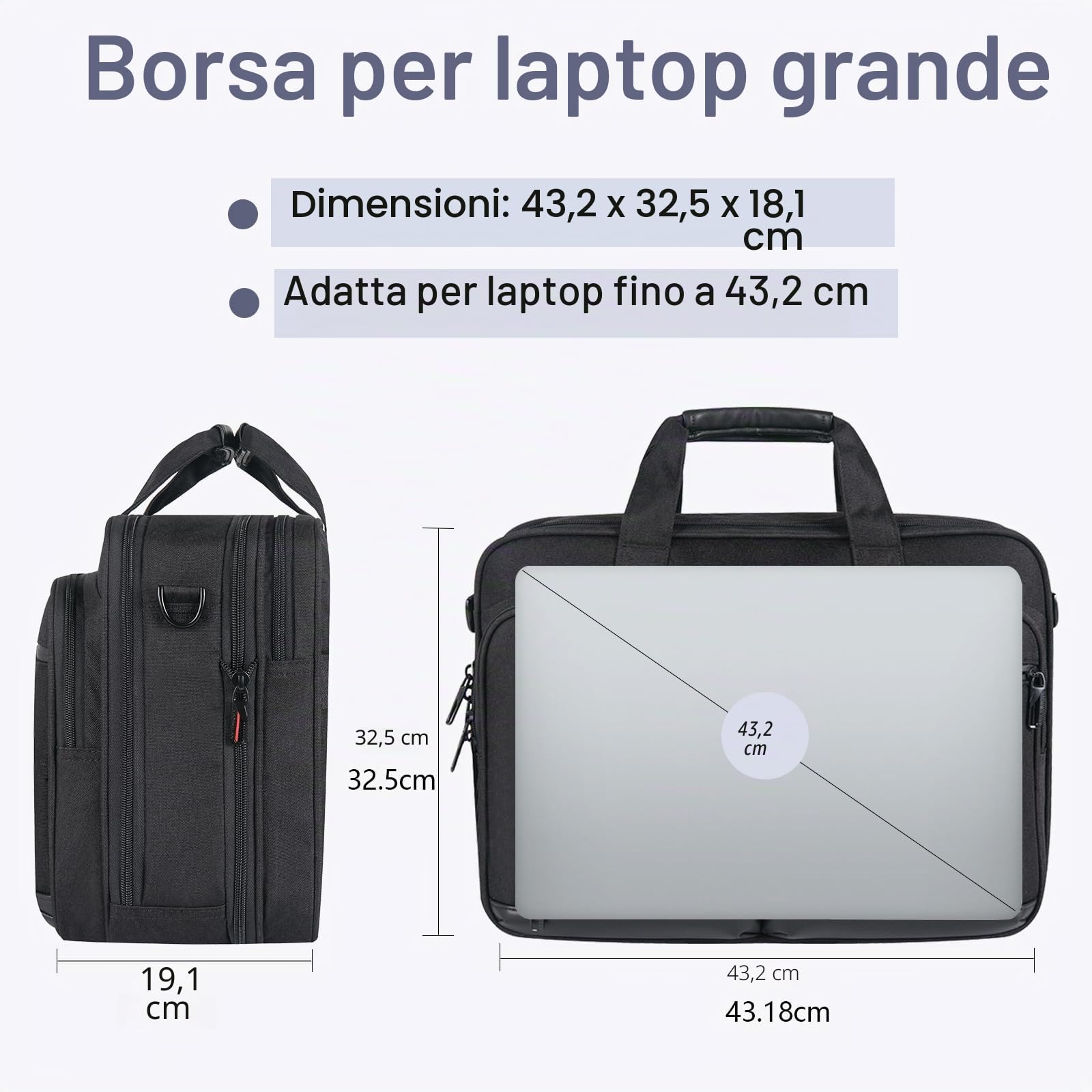 VANKEAN Borsa per Laptop per Uomo Donna, Borsa per Laptop da 17,3 Pollici Borsa a Tracolla Espandibile e Idrorepellente, Borsa per Computer con Tasche RFID per Viaggio/Affari/Scuola, Nero