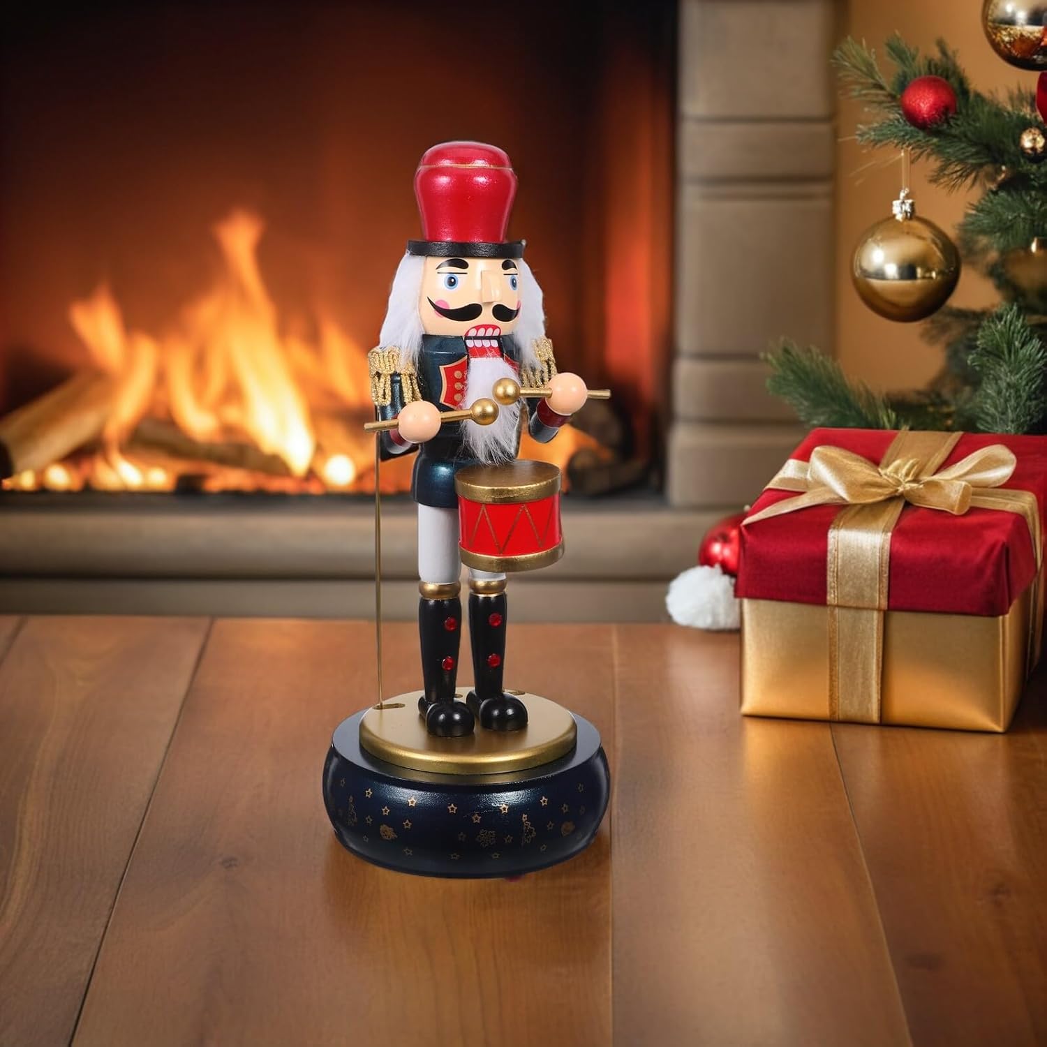 Mipcase Wooden Nutcracker Music Box with Blue Round Base, Wind-up Christmas Nutcracker Figurine for Living Room Holiday Decor, Traditional Clockwork Musical Ornament