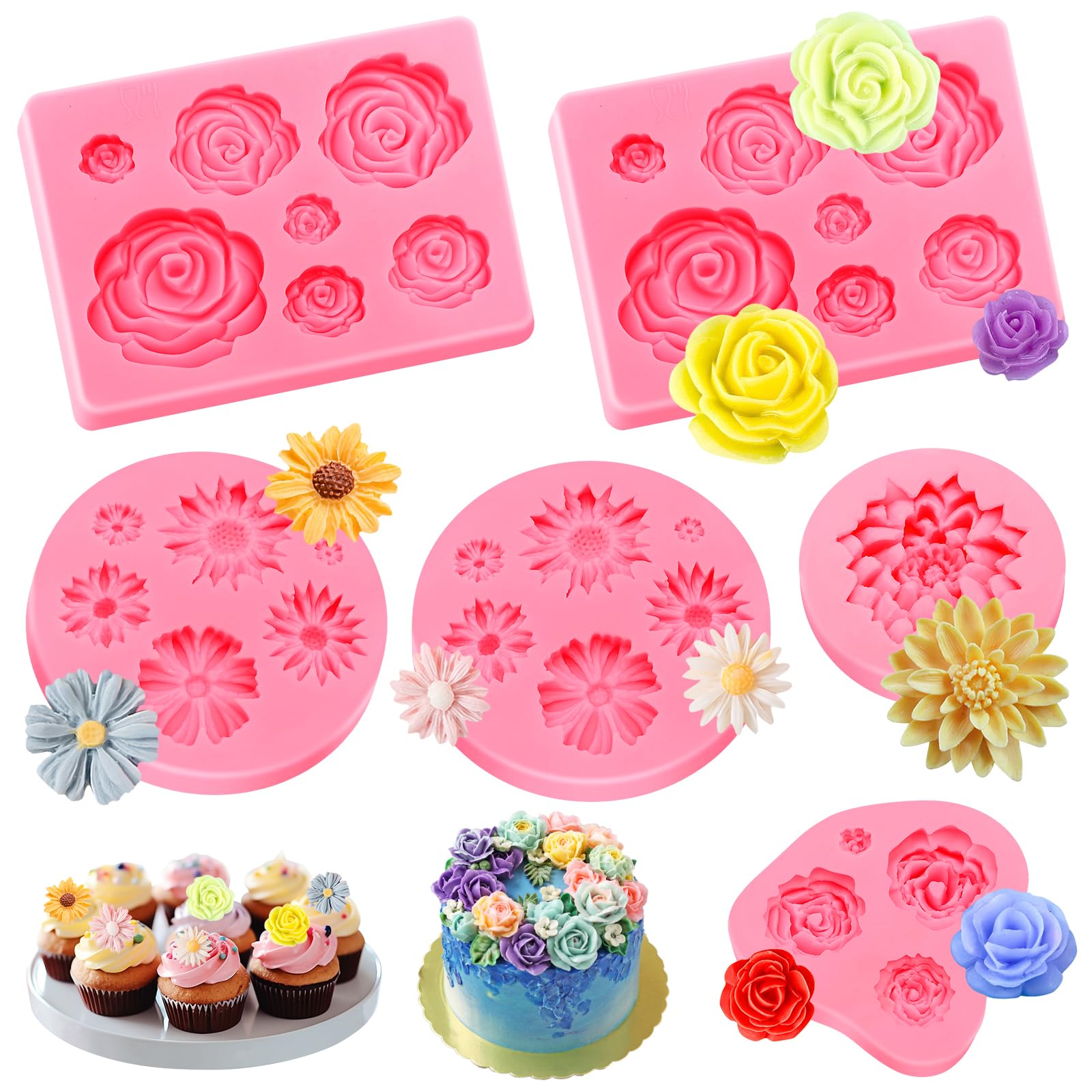 Kisvic 3D Blume Silikon Seifen Form, 6 Stück Rose Blume Fondant Silikon Form, Rose Kerzen Silikonformen Zum Dekorieren von Torten, Pralinen, Handgemachten Süßigkeiten