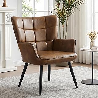 Ohrensessel Sessel Wohnzimmer, Skandinavischer Stil Ohrensessel aus PU-Kunstleder, Schminktisch Stuhl Esszimmerstuhl, Loungesessel Polstersessel fürs Wohnzimmer Schlafzimmer, Braun