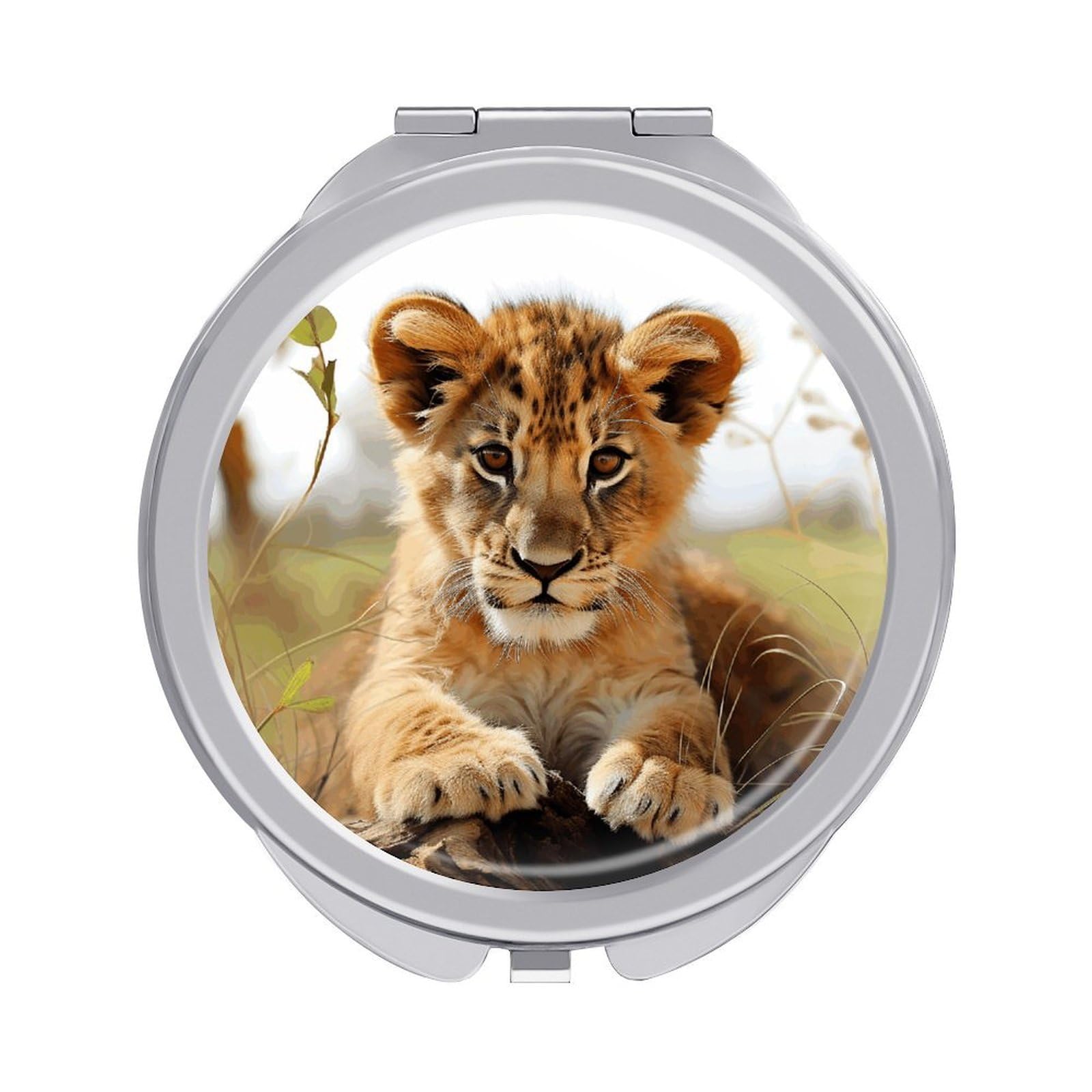 VstaDank Cute Little Animal Lion Travel Makeup Mirror Cute Compact Mirror for Women 1X/2X Magnifying Metal Pocket Makeup Mirrors Folding Round Makeup Mirrors for Handbag Wallet & Gift