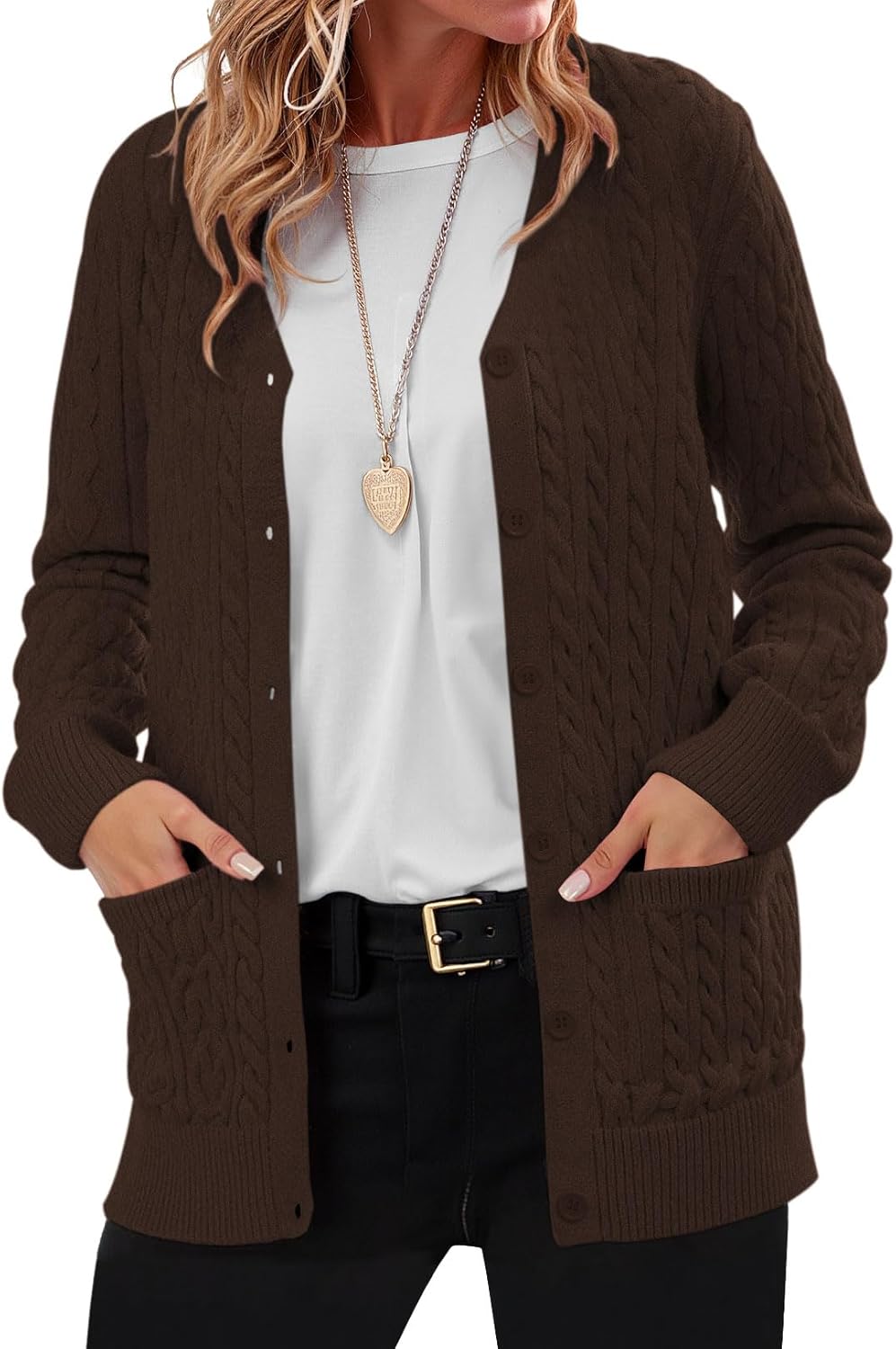 QUEZHU Women's Cable-Knit Cardigan Sweater V-Neck Winter Warm Cardigans