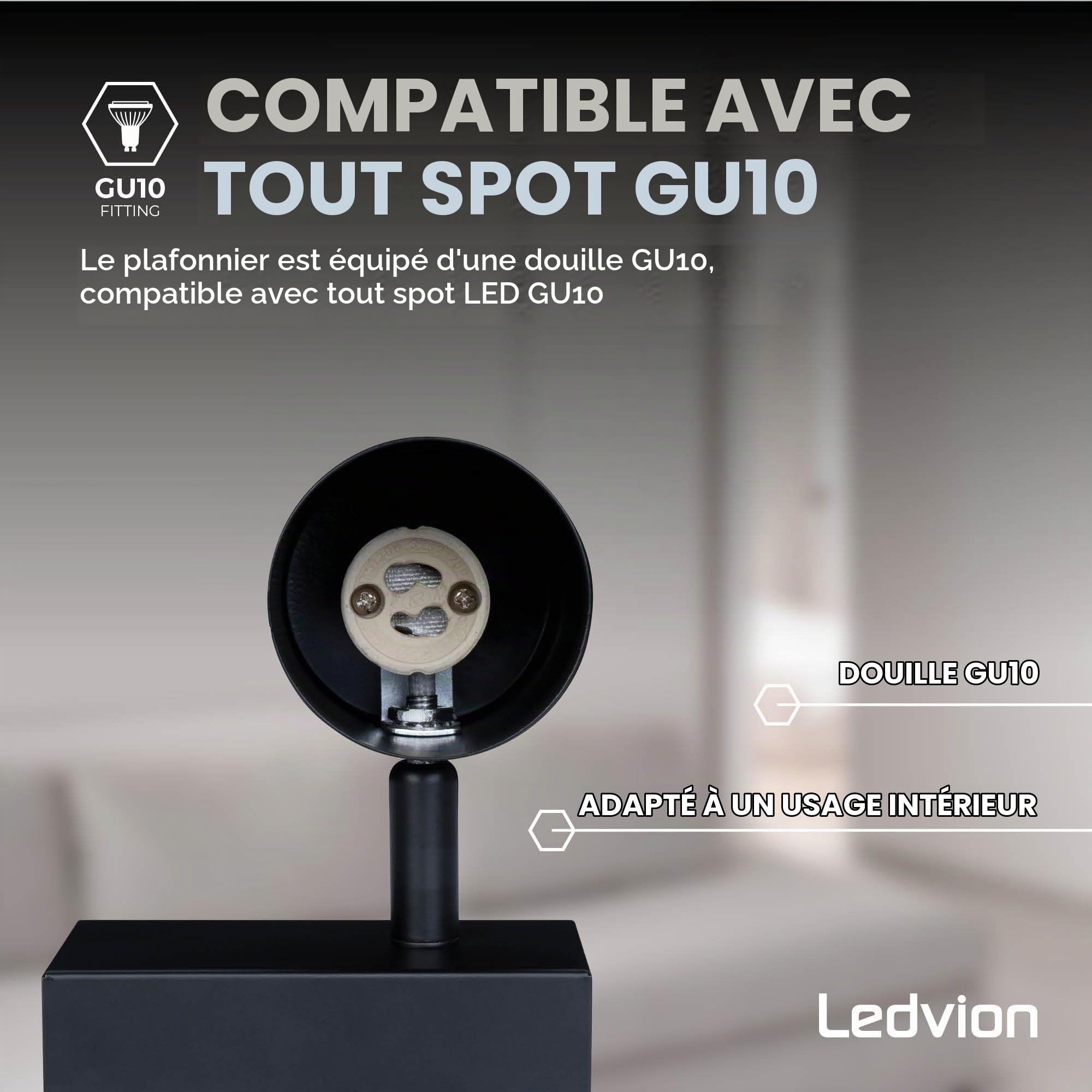 Ledvion Spot LED Plafond Noir 4 spot Rectangulaire GU10 sans ampoule