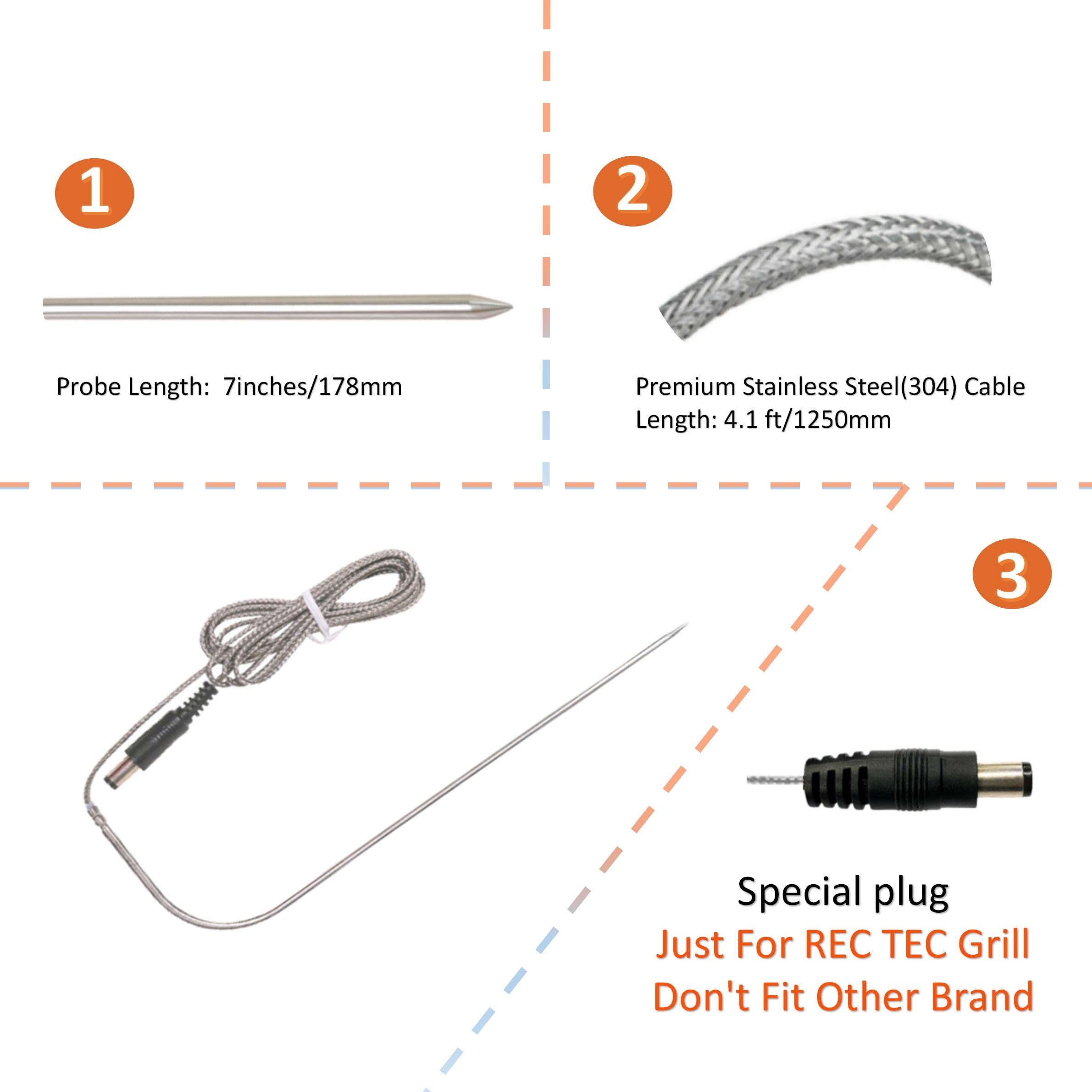 Replacement Temperature Meat Probe for Rec Tec Wood Pellet BBQ Grills,Recteq RT-1250, RT-700, RT-590, RT-B380 Bullseye Grill Accessories,2-Pack
