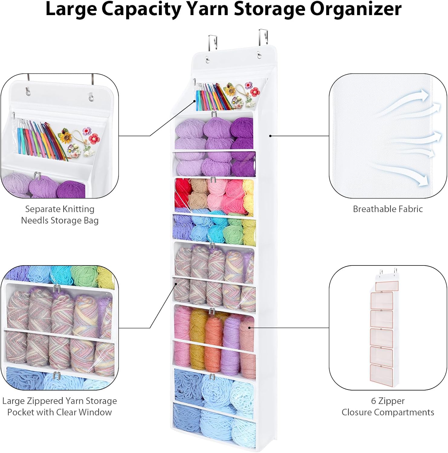 Univivi Hanging Yarn Storage Organizer with 6 Zipper Closure Compartments, Large Capacity Knitting Organizer Storage, Over the Door Hanging Yarn Holder for Knitting Needles, Crochet Hooks(Clear White)