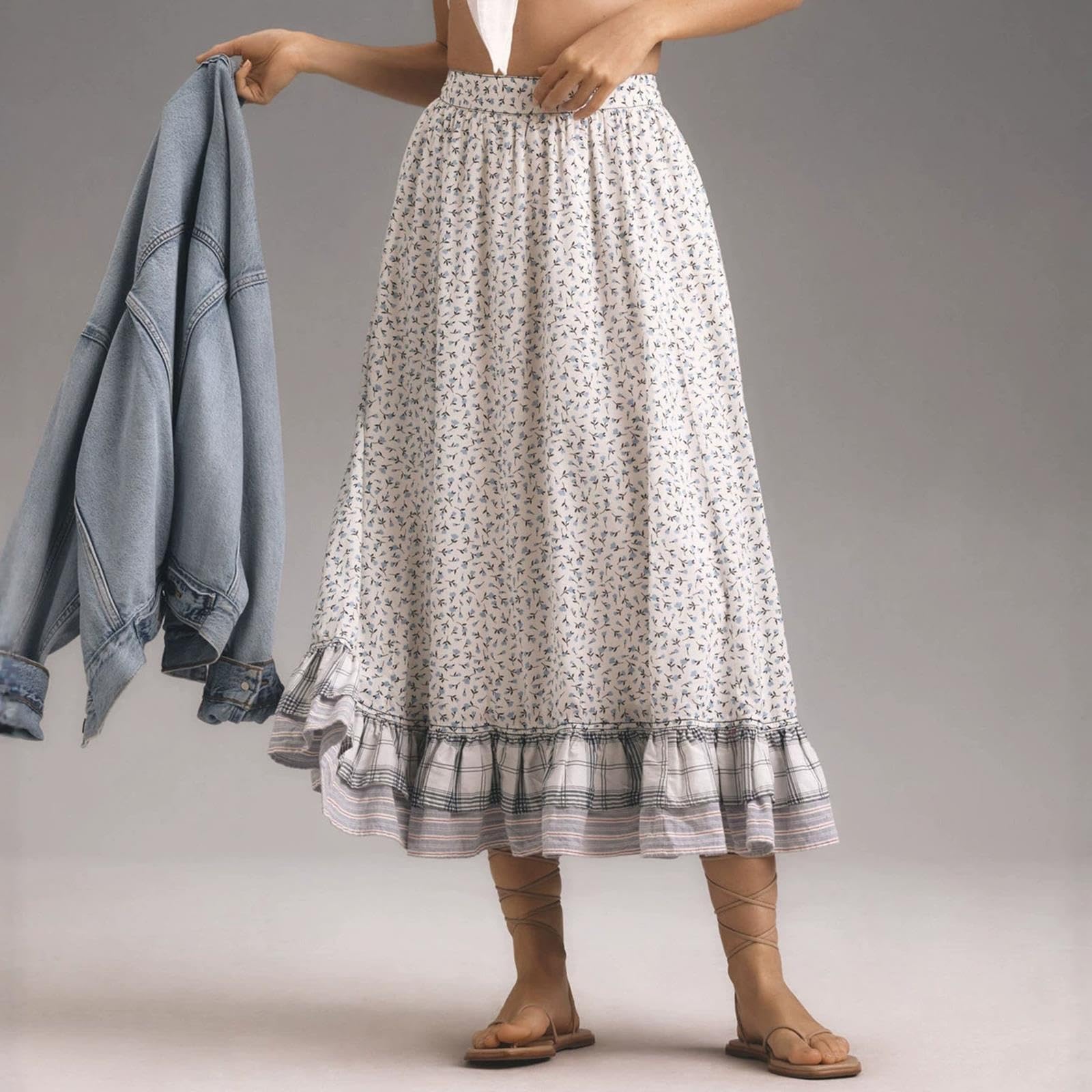 Jupe Décontractée A-line,Jupe Midi Bohème À Fleurs Femme,Motif Écossais