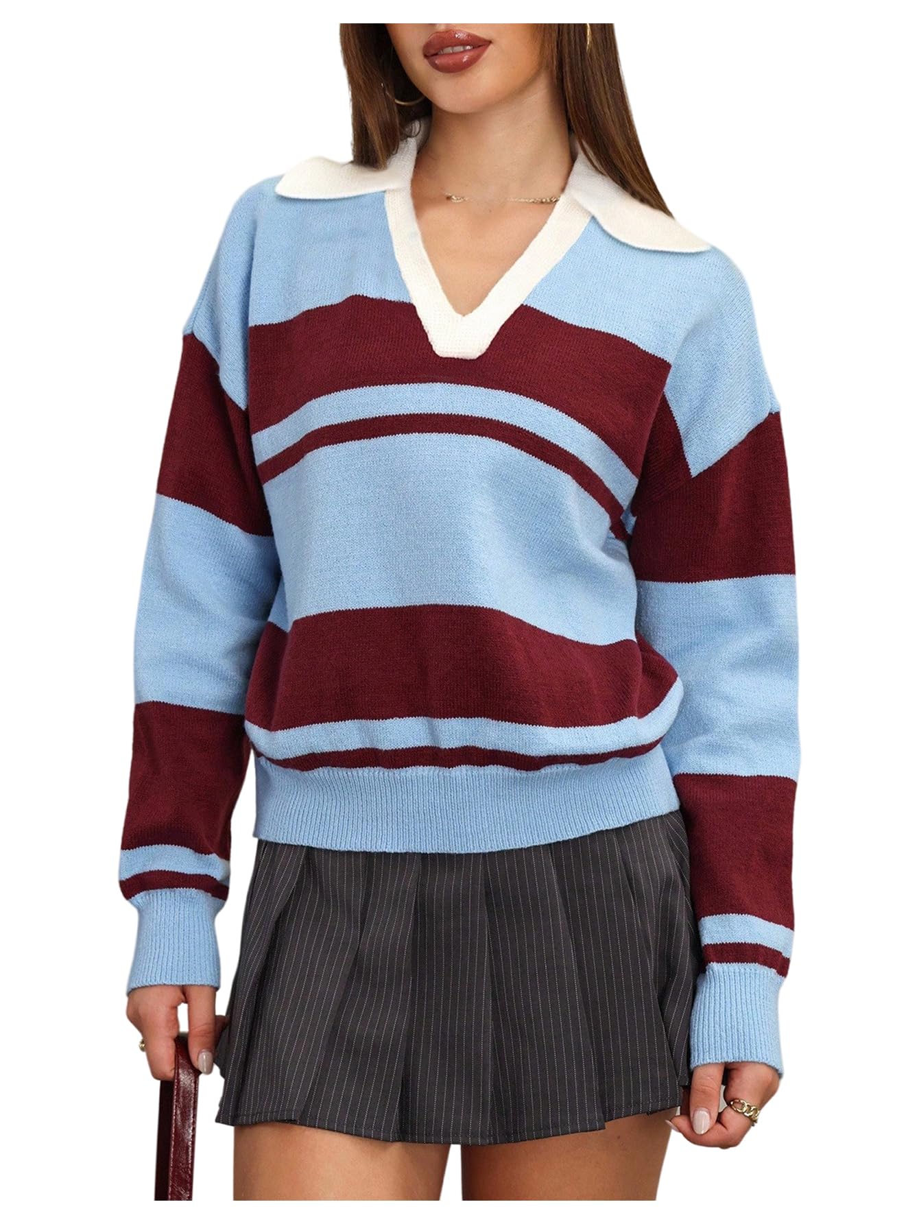 MakeMeChic Womens Striped Sweater Color Block Collar V Neck Long Sleeve Preppy Pullovers