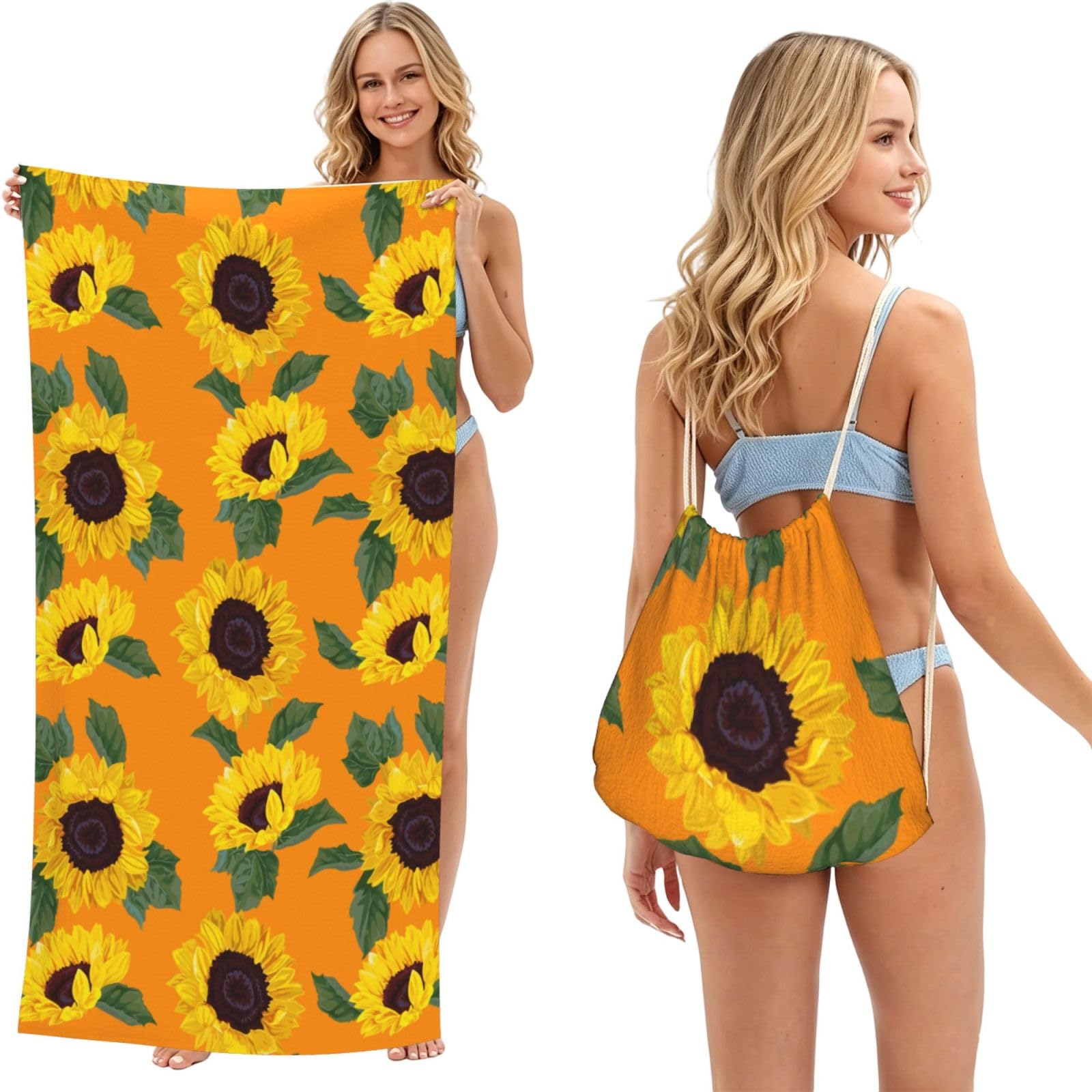 Poadnly As Picture Sunflower Seamless Pattern, 2 In 1 Packable Towel Bag, Beach Towels With Drawstring Backpack For Travel Holiday Camping