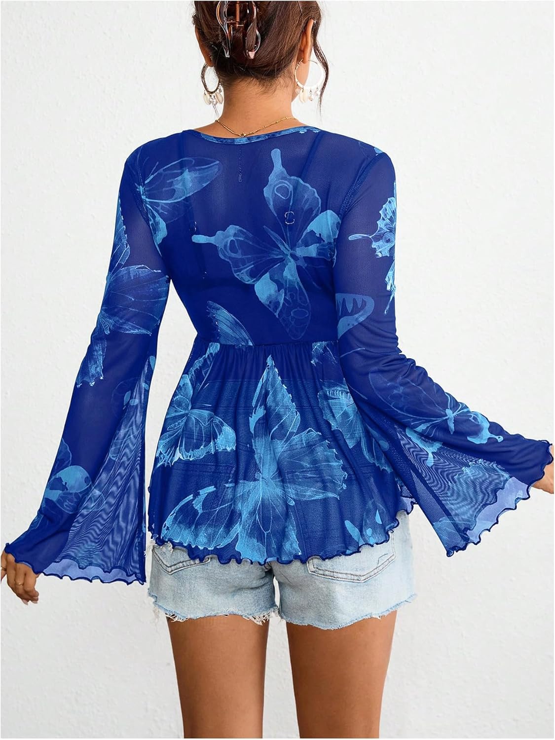 Floerns Women's Plus Size Tie Front Blouse Top Flare Long Sleeve Mesh Ruffle Peplum Top - Image 3