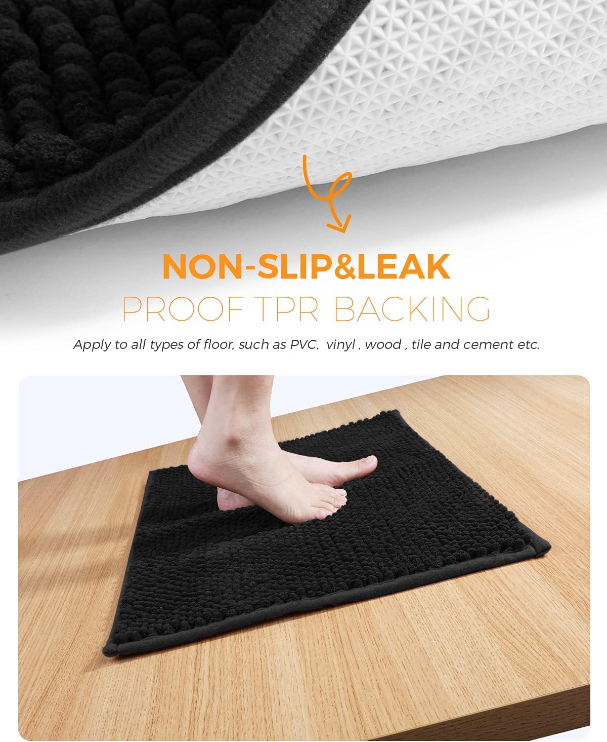 Pretigo Kitchen Rug Black Rugs for Kitchen Floor, Soft & Absorbent by Chenille Material, Washable Kitchen Rug Set Non Slip Kitchen Rugs and Mats 2 Pieces (20"X30"+20"X60")