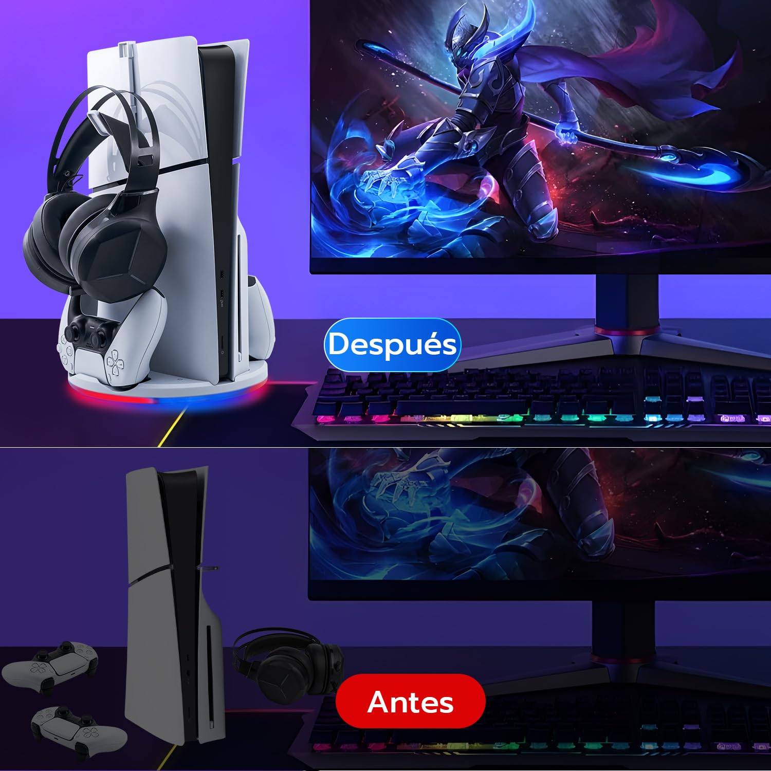 Wigearss Soporte Vertical para PS5 Slim, Base de Carga para Controladores Dual PS5 y Soporte para Auriculares, con Luz Ambiental LED, Compatible con PS5 Slim DE/UHD (No Compatible con PS5/Pro)