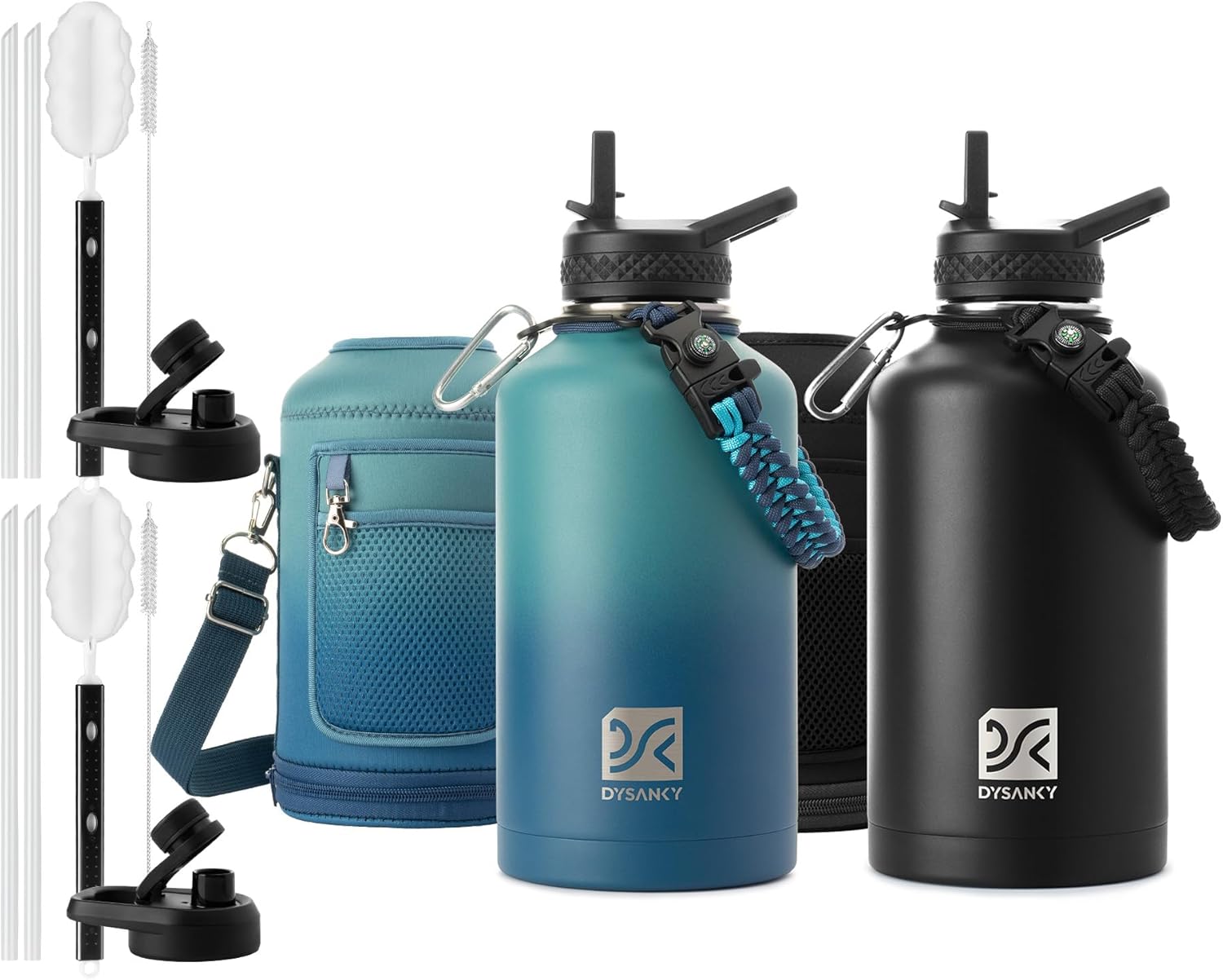 Insulated Water Bottle 64oz with Carrier Bag and Paracord Handle Black and Peacock Green/Blue