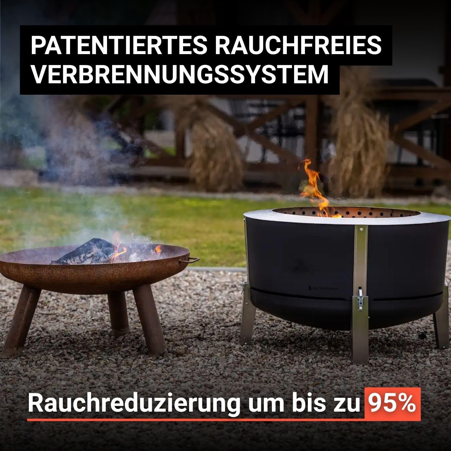 Masuria Rauchfreie Feuerschale 80cm Alpha 800 - Patentierte Rauchreduzierung bis zu 95% - Premium Feuertonne aus Edelstahl