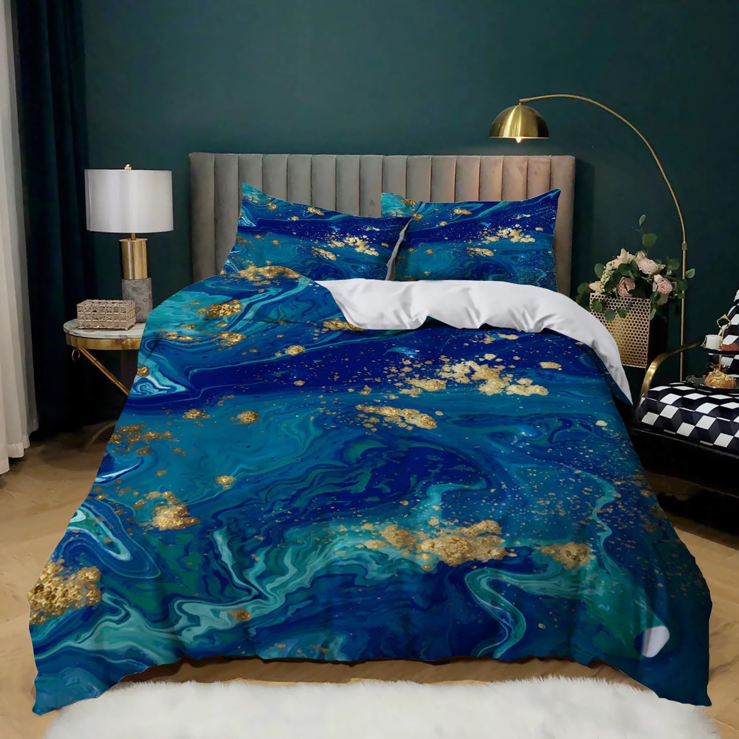 Housse de couette 240x260 cm bleu imprimé avec 2 taies d'oreiller