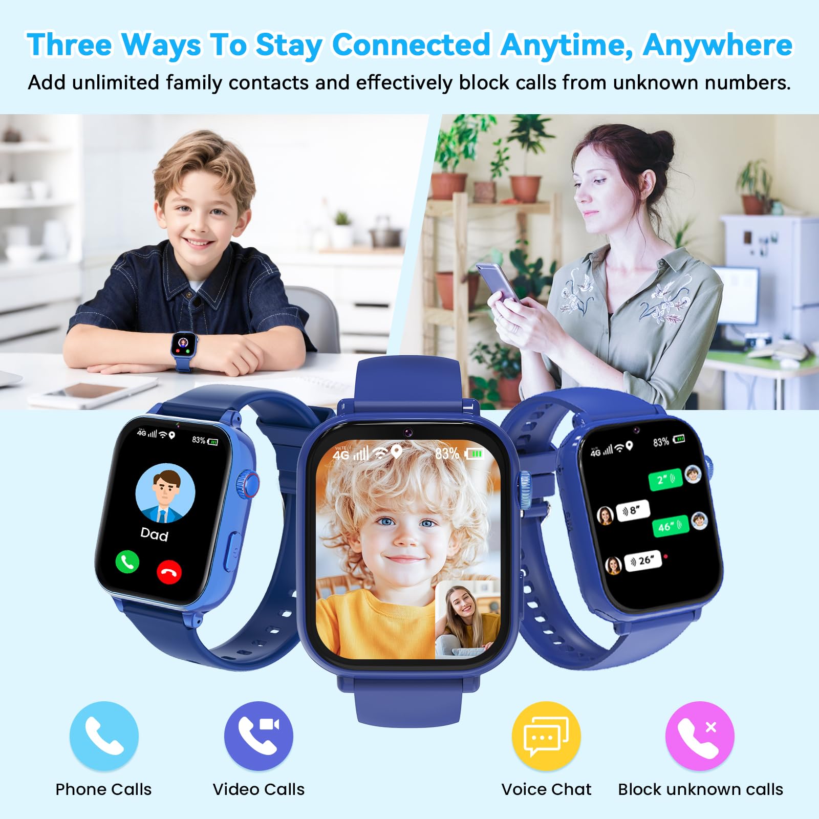 Berilona 4G Montre Connectée Enfant, GPS Smartwatch Téléphone pour Filles Garçons avec Appels/Vidéo/Chat Vocal, SOS, Mode École, Alarme, Podomètre, Jeux Smart Watch pour Enfants 4-12 Cadeau,Blue