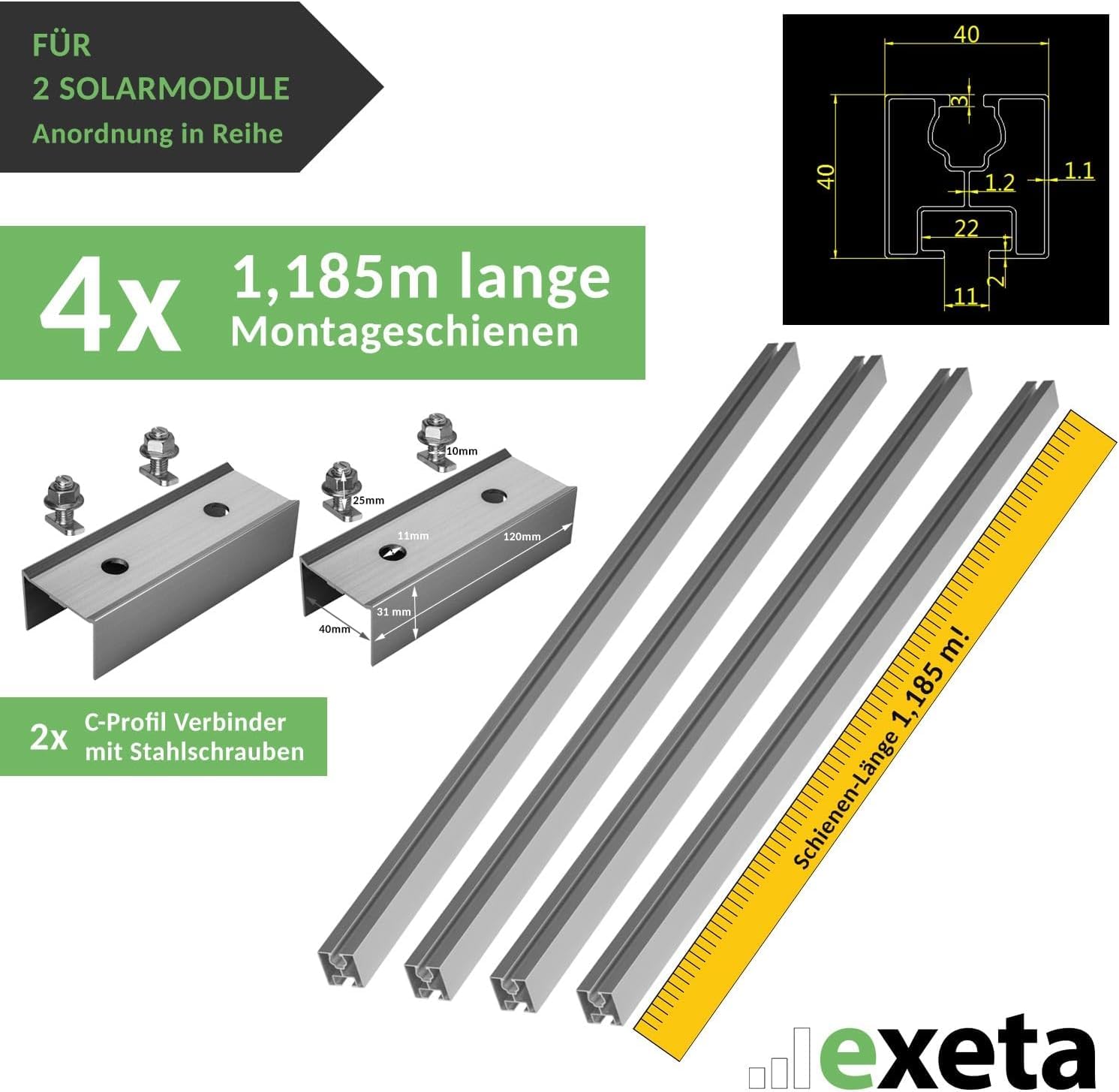 Solar Halterung Ziegeldach I Set für 2 PV Module 30-40mm I Solarmodul Halterung Balkonkraftwerk I Solarmodulbefestigungsset für Ziegeldächer aus Edelstahl 1.4301 I PV-Halterung Montageset