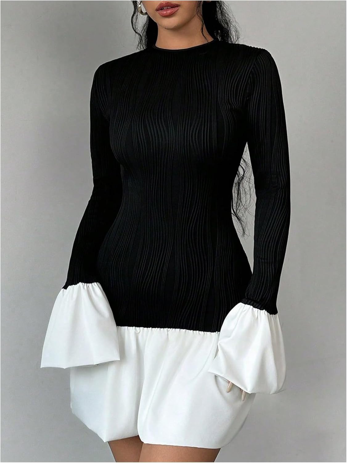 GORGLITTER Women's Long Sleeve Bubble Dress Fall Trendy Color Block Cocktail Birthday Dinner Going Out Mini Dresses - Image 4