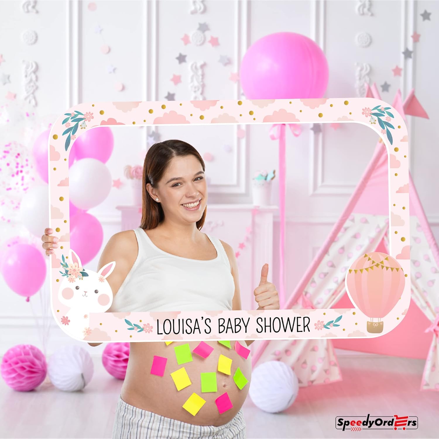 SPEEDYORDERS Personalized Our Little Bunny Is On The Way Baby Shower Photo Booth Frame - Custom-Made Baby Rabbit Baby Shower Photo Frame - Custom Photo Prop To Add Fun To Your Baby Shower (PVC Board)