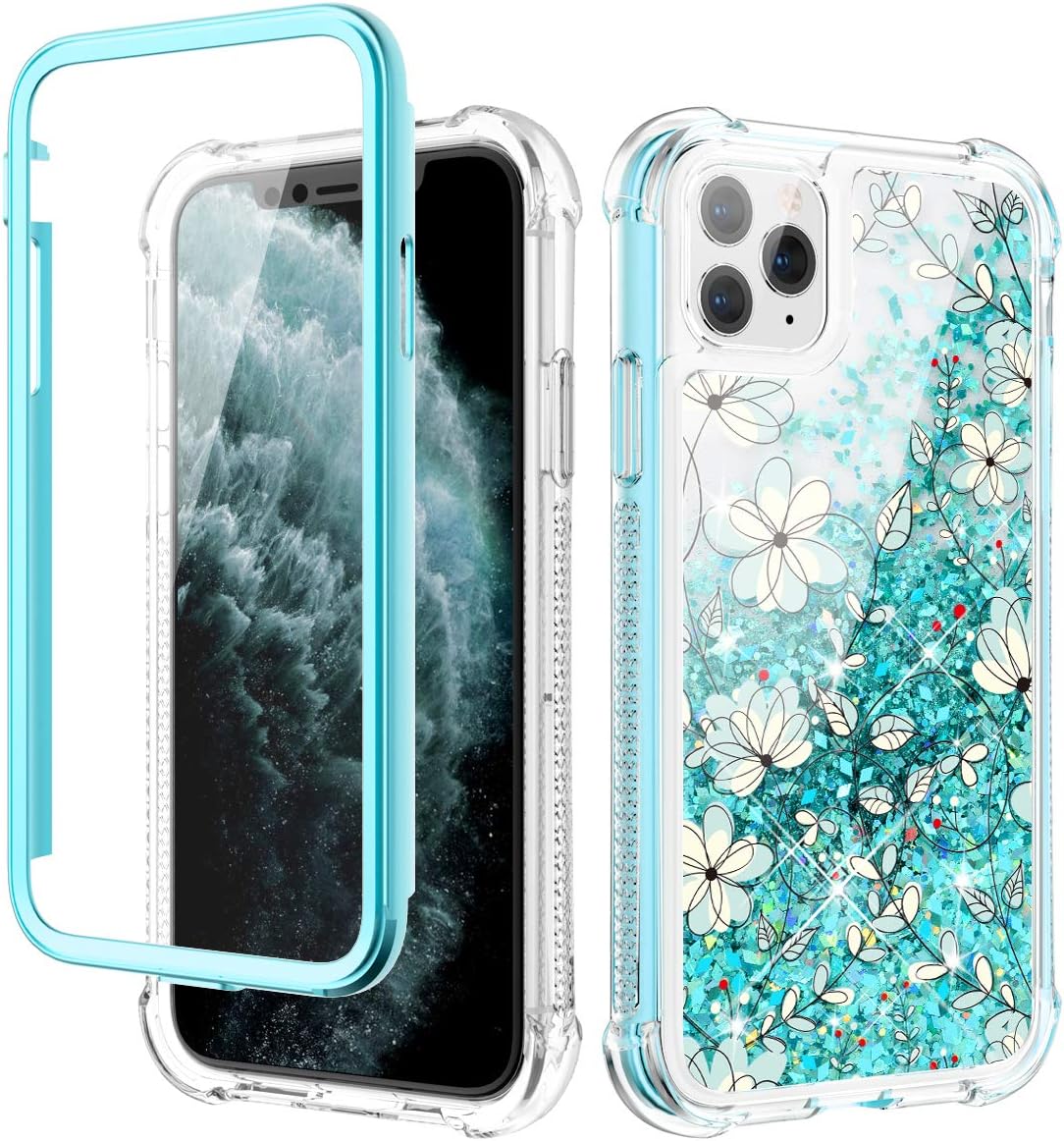 Caka iPhone 11 Pro Case, iPhone 11 Pro Glitter Liquid Case Floral Full Body with Built in Screen Protector Bling Girls Girly Women Flower Protective Case for iPhone 11 Pro (Light Blue)
