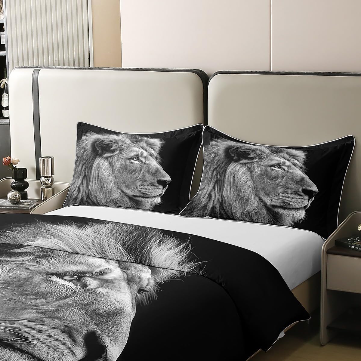 Castle Fairy King Size 100% Cotton Wild Lion Duvet Cover Africa Wildlife Bedding Set 3D Lion Tropical Style Comforter Cover Gray Black Bedspread Cover Room Decor Bedclothes Zipper,No Comforter