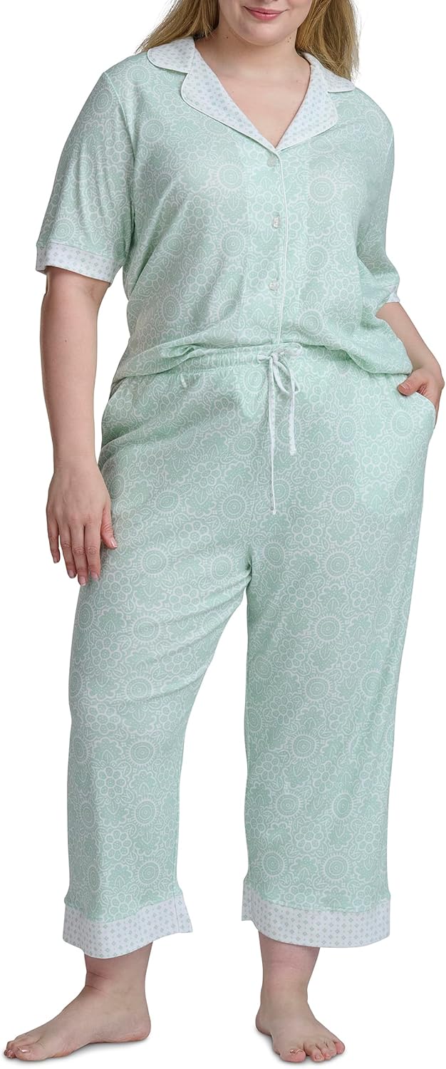 Karen Neuburger Women's [Plus Size] Elbow Length Sleeve Notch Collar Top and Capri Pajama Set