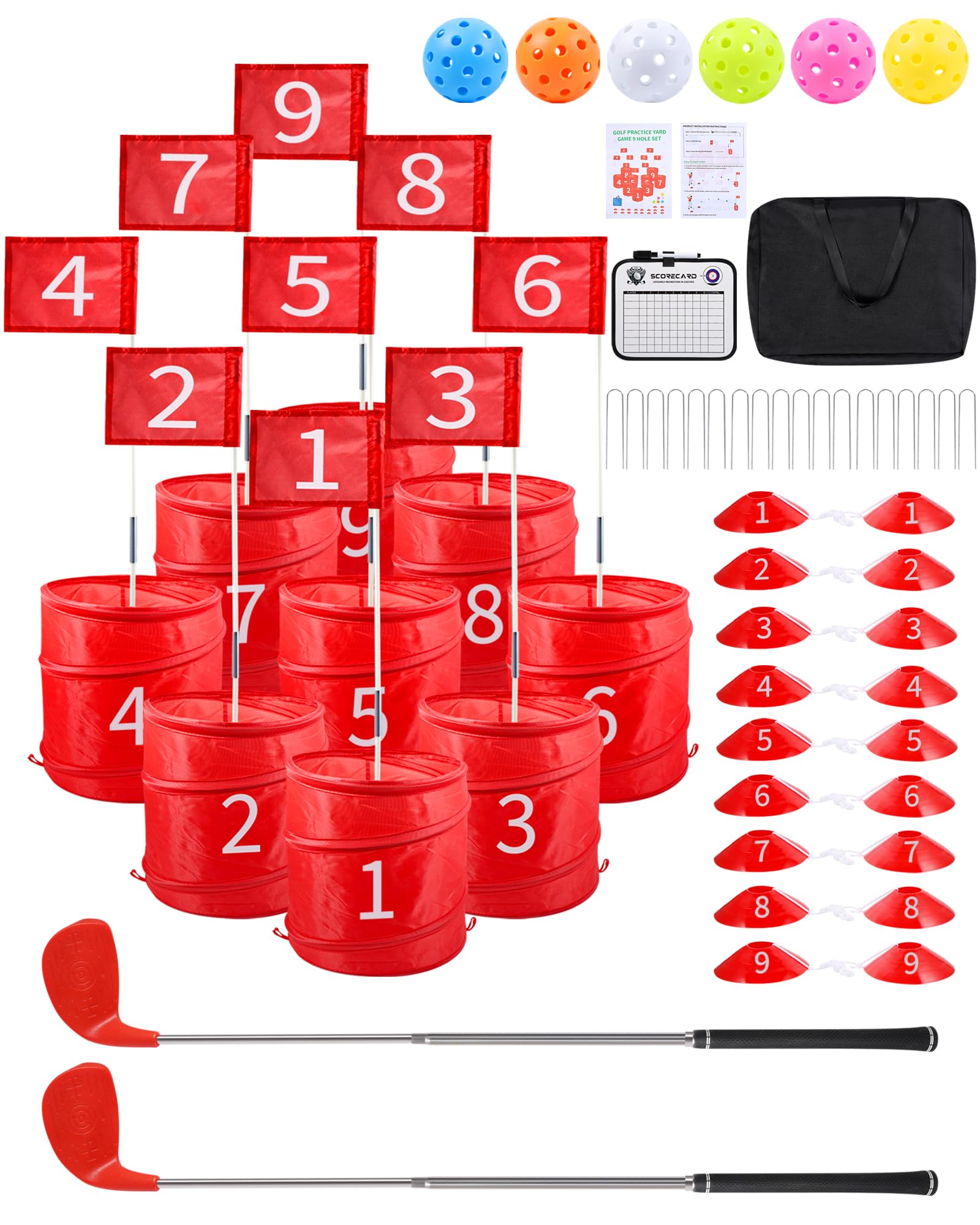 Photo 1 of HOTWIND Backyard Golf Game with 2 Clubs, Portable 9 Hole Backyard Golf Course for Indoor & Outdoor Play, Backyard Lawn Beach Golf Practice Game Gifts for Family and Adults