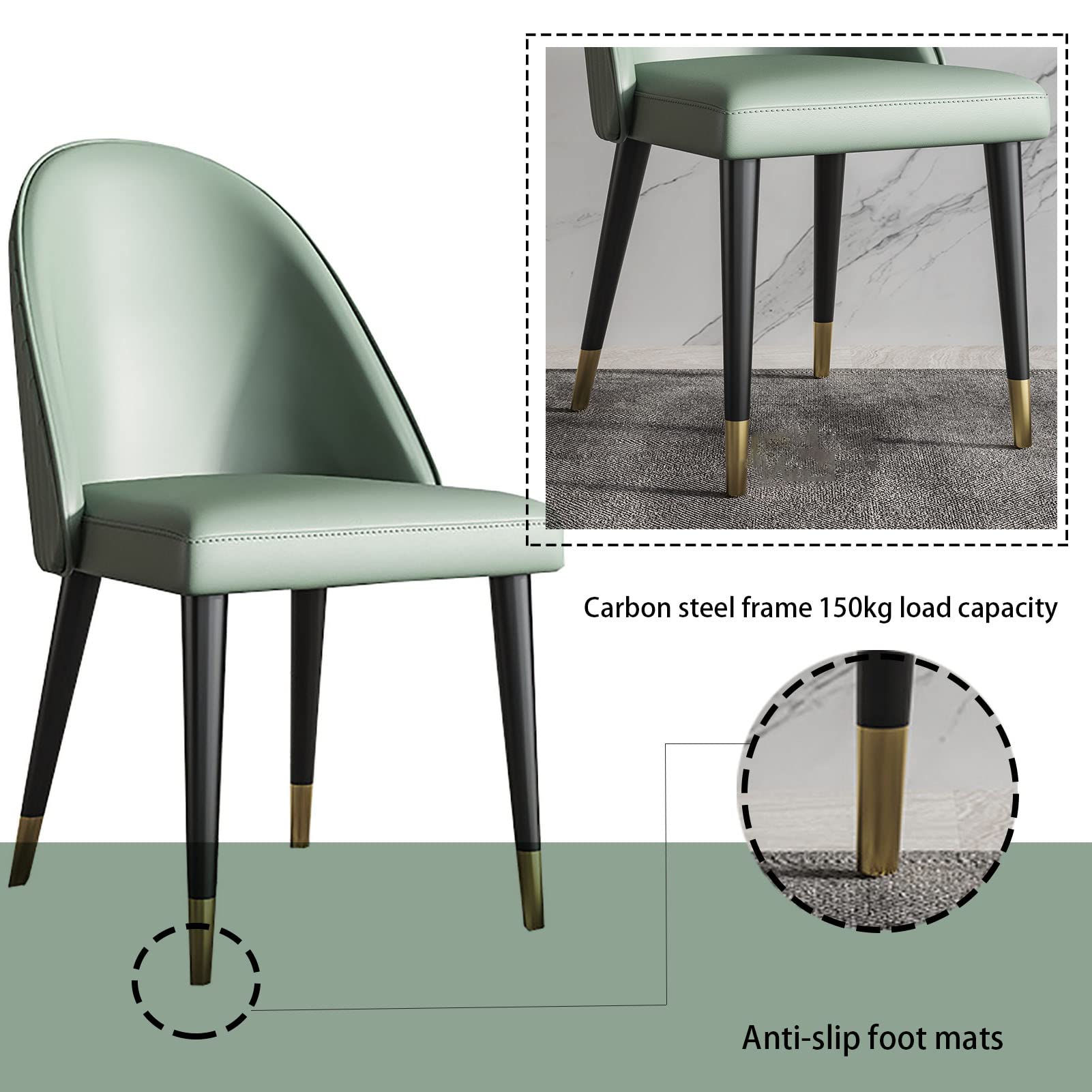 BKgdO Sillas de comedor de Cuero de la PU Verde, juego de 2 sillas de acento con respaldo Suave y Patas de Metal Resistente sillas laterales para muebles de oficina en casa