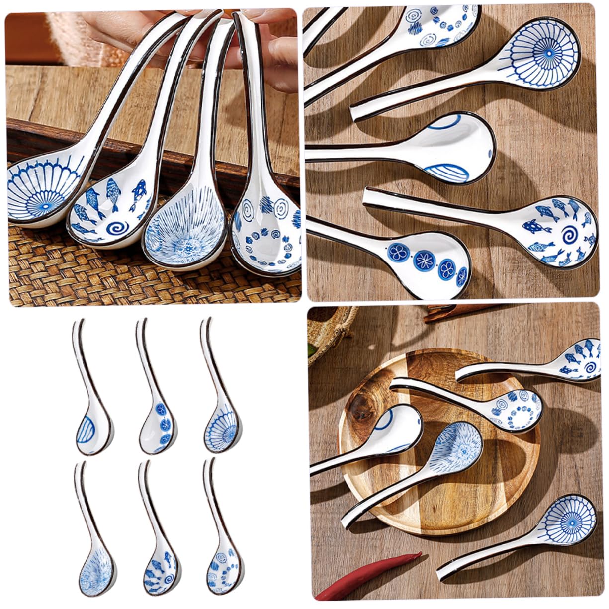 Cucharas de Sopa de Cerámica Azul y White, 6 Piezas