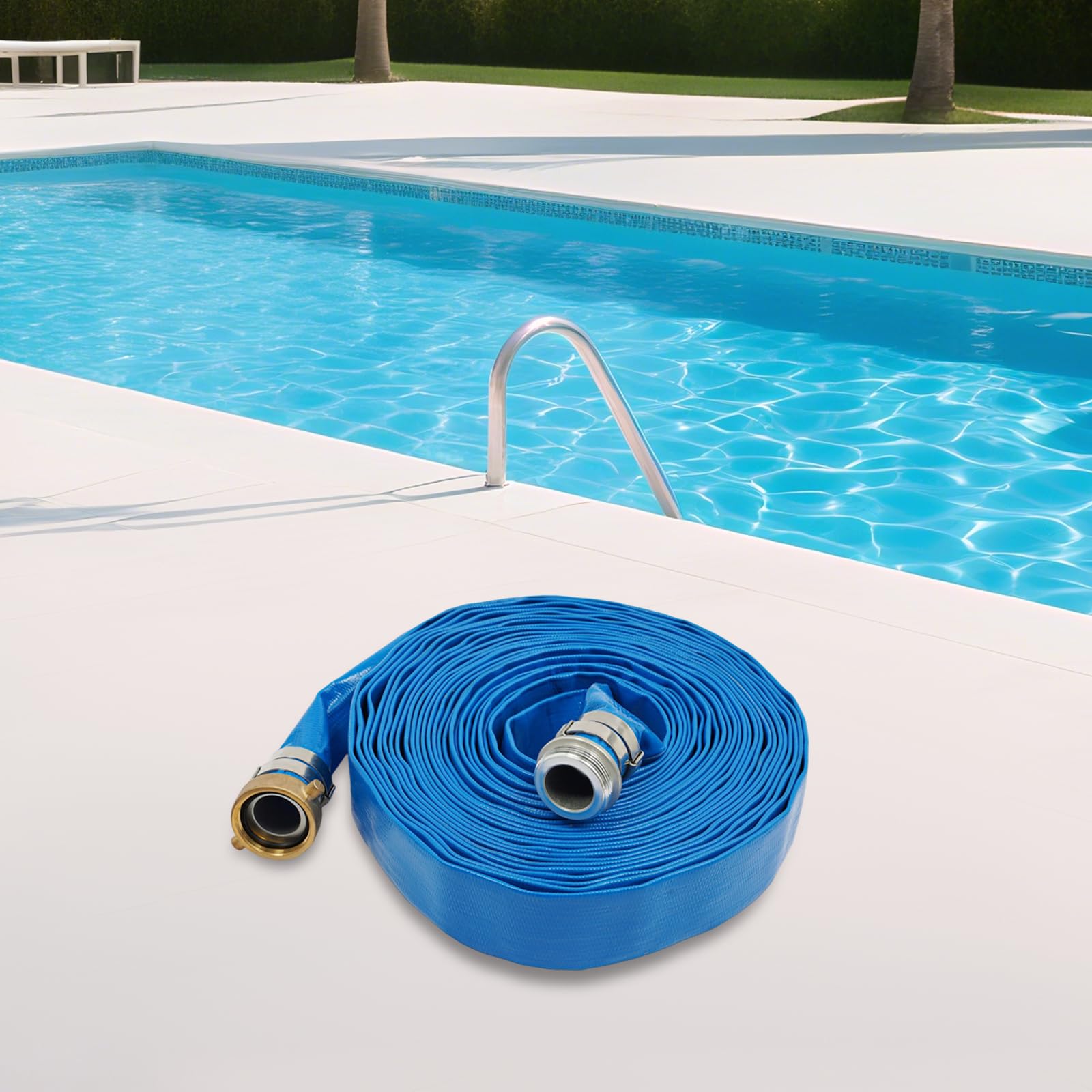 Manguera de descarga de 15,24 m PVC 6 bar riego drenaje | Fusión en caliente, accesorios de 3 cm 5 cm, drenaje de agua, césped patio piscina, plano suave